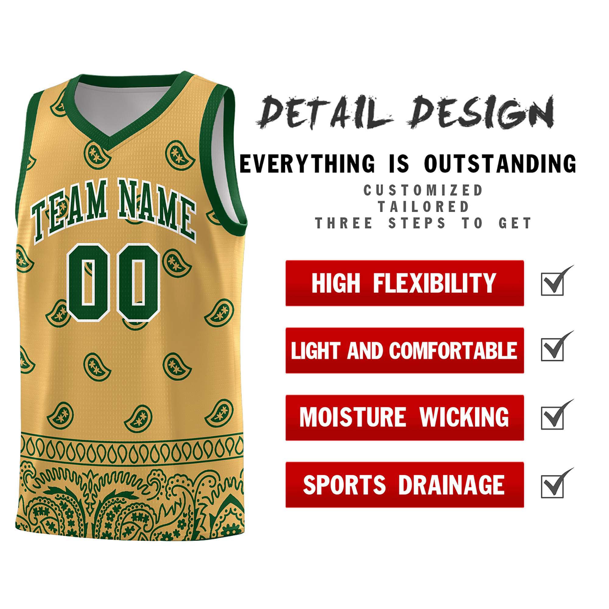 Custom Old Gold Green Personalized Cashew Pattern Sports Uniform Basketball Jersey