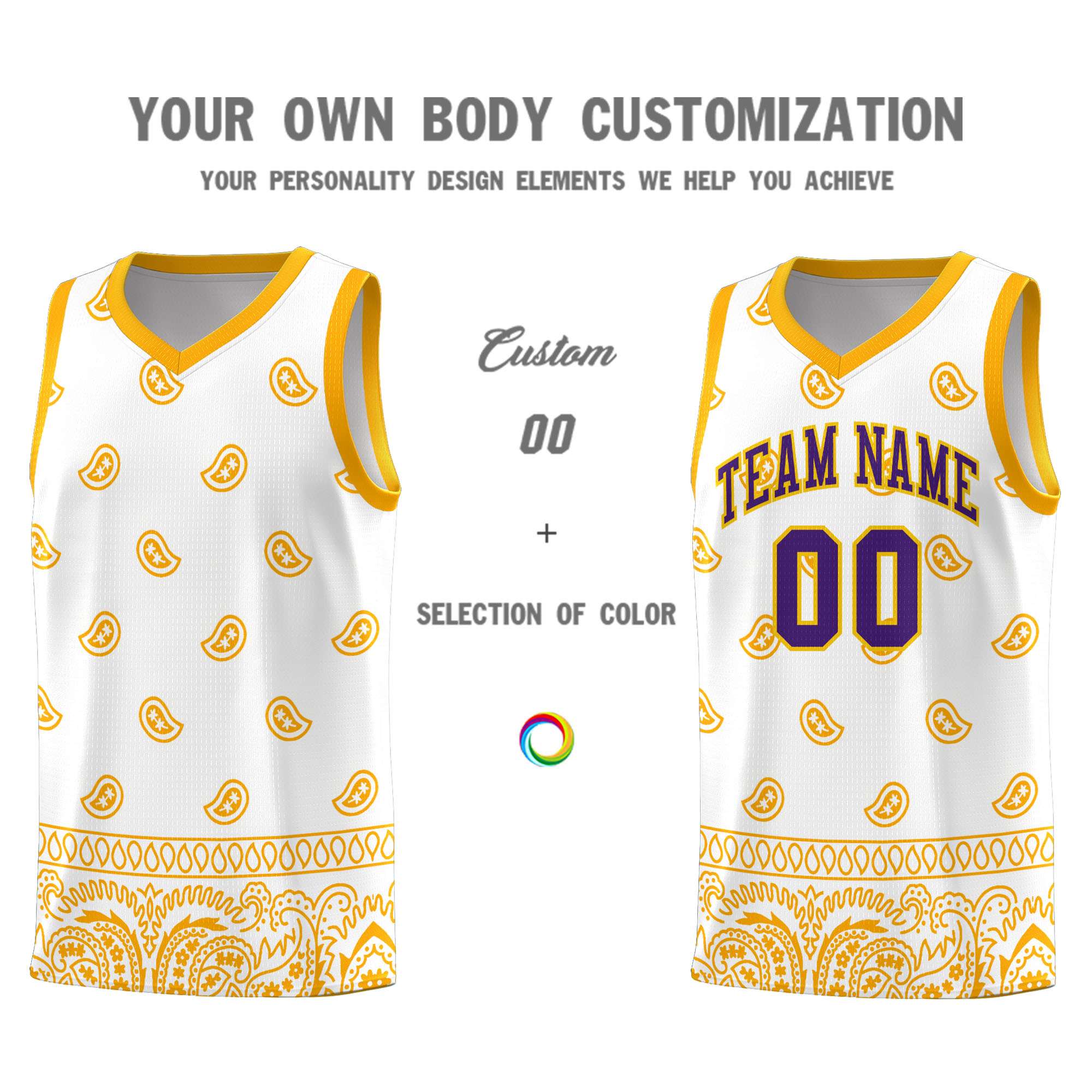 Custom White Yellow Personalized Cashew Pattern Sports Uniform Basketball Jersey