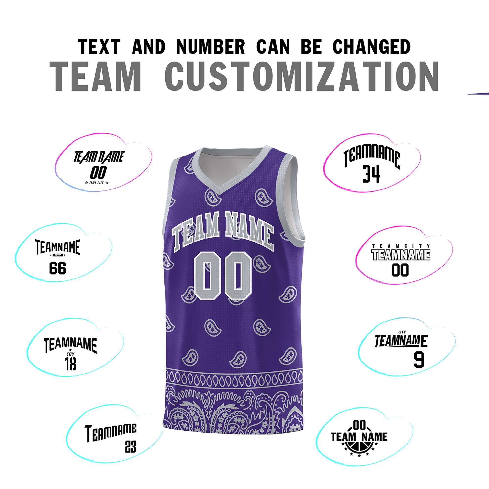 Custom Purple Gray Personalized Cashew Pattern Sports Uniform Basketball Jersey