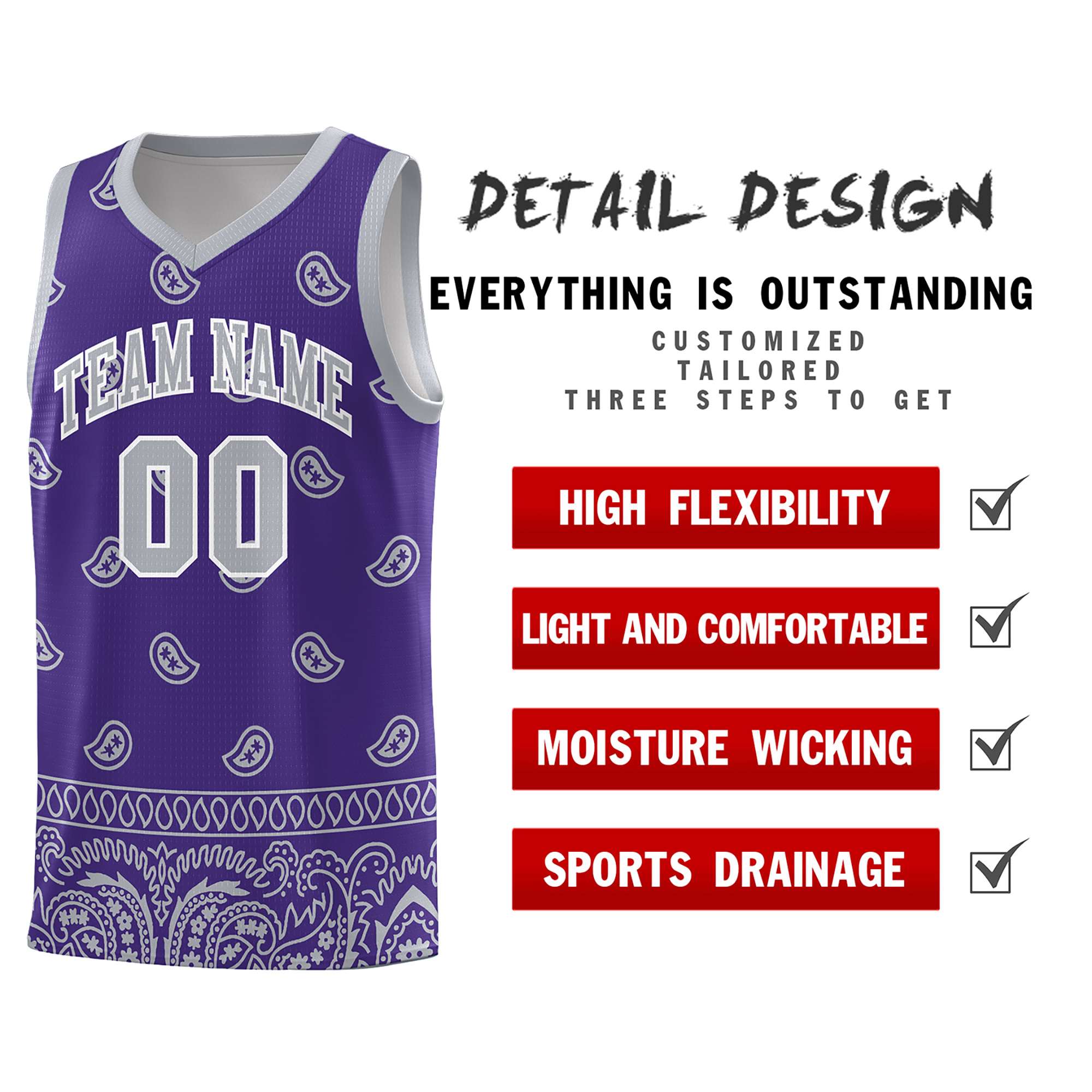 Custom Purple Gray Personalized Cashew Pattern Sports Uniform Basketball Jersey