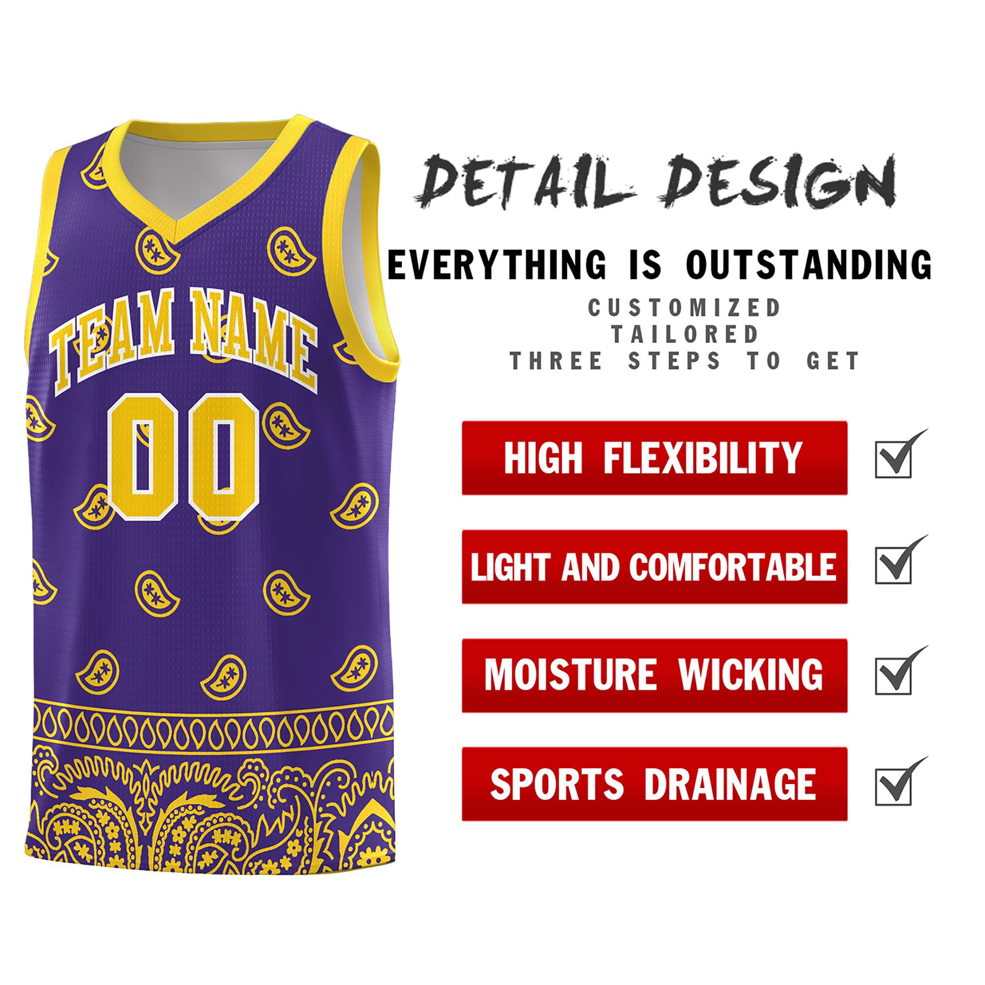 Custom Purple Gold Personalized Cashew Pattern Sports Uniform Basketball Jersey