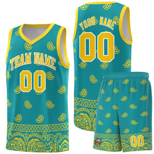 Custom Aqua Gold Personalized Cashew Pattern Sports Uniform Basketball Jersey