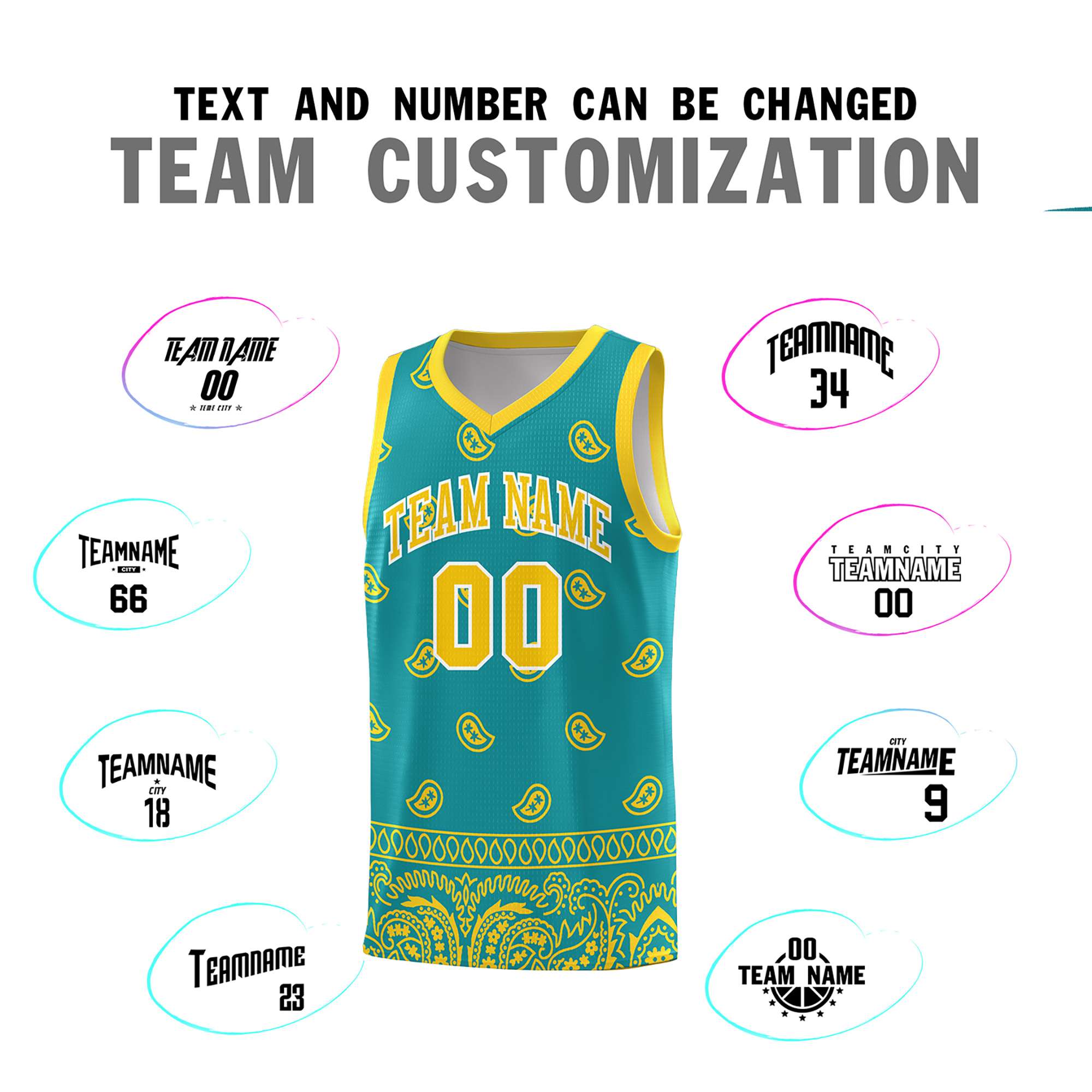 Custom Aqua Gold Personalized Cashew Pattern Sports Uniform Basketball Jersey