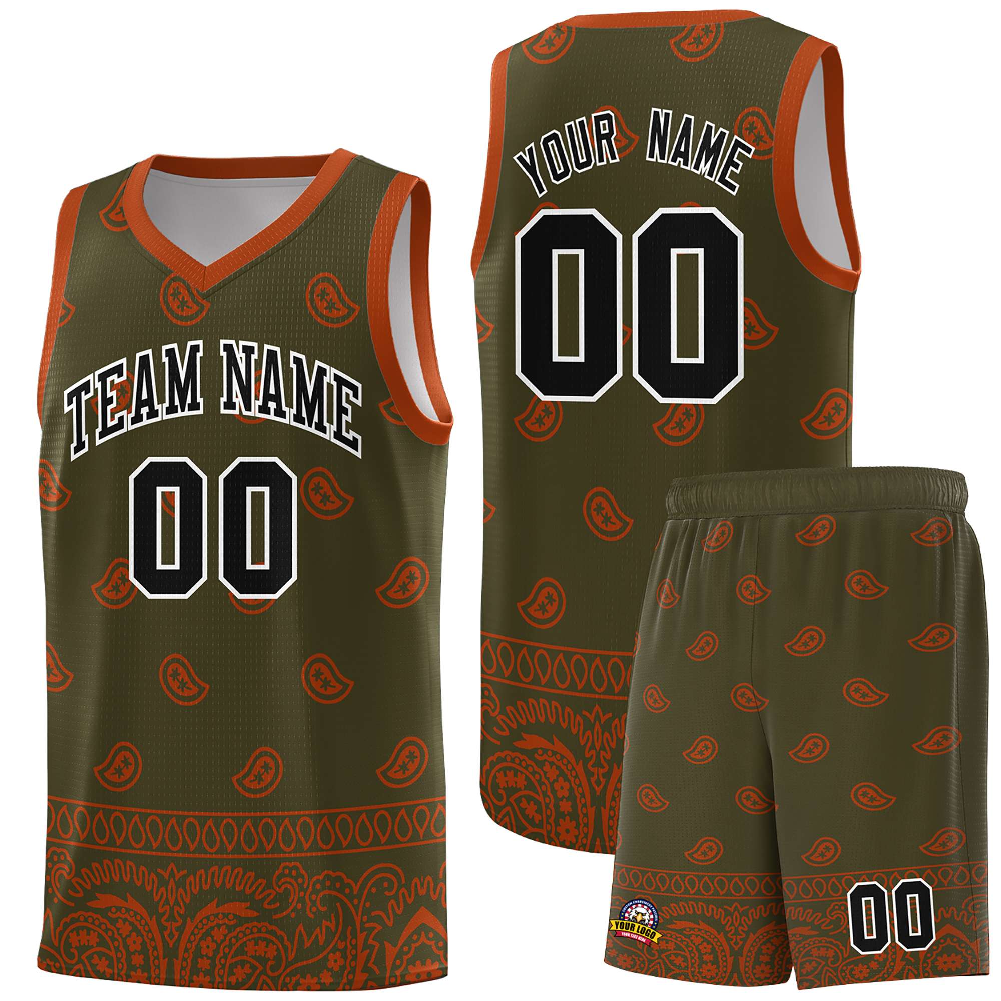 Custom Olive Texas Orange Personalized Cashew Pattern Sports Uniform Basketball Jersey