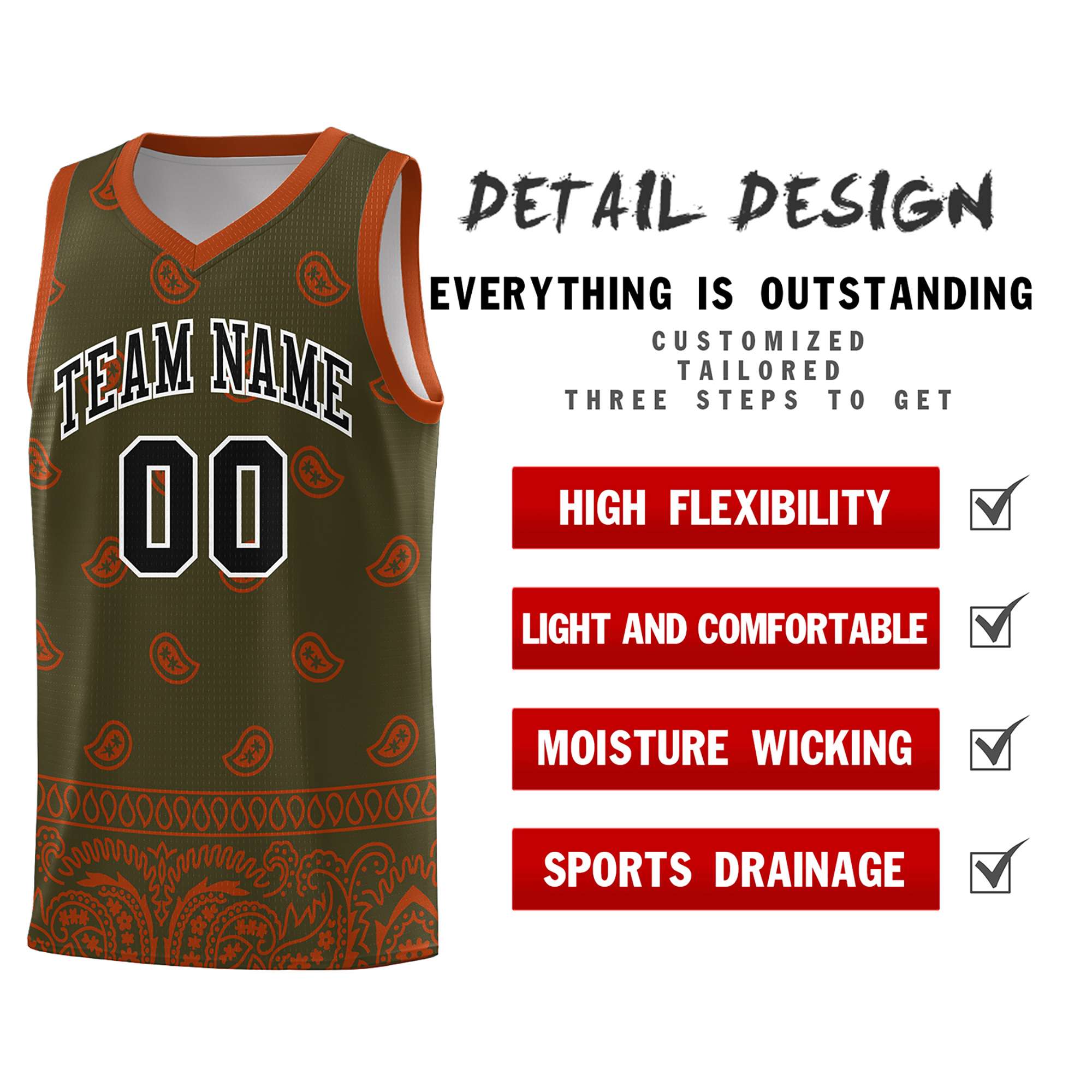 Custom Olive Texas Orange Personalized Cashew Pattern Sports Uniform Basketball Jersey