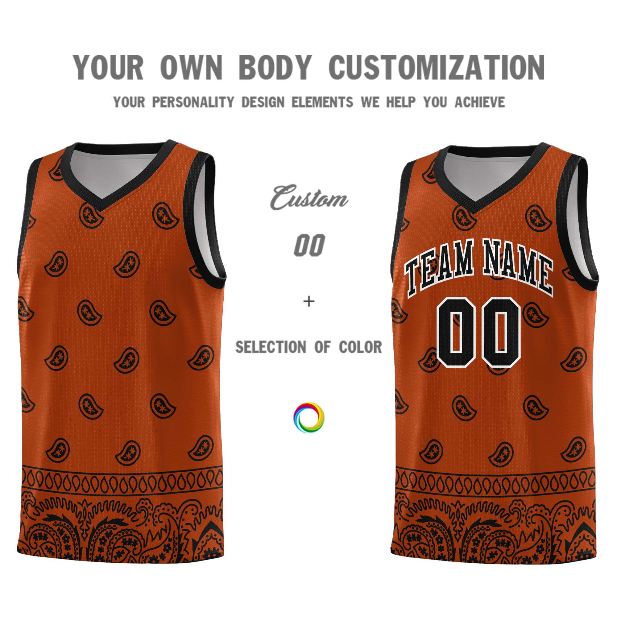 Custom Texas Orange Black Personalized Cashew Pattern Sports Uniform Basketball Jersey