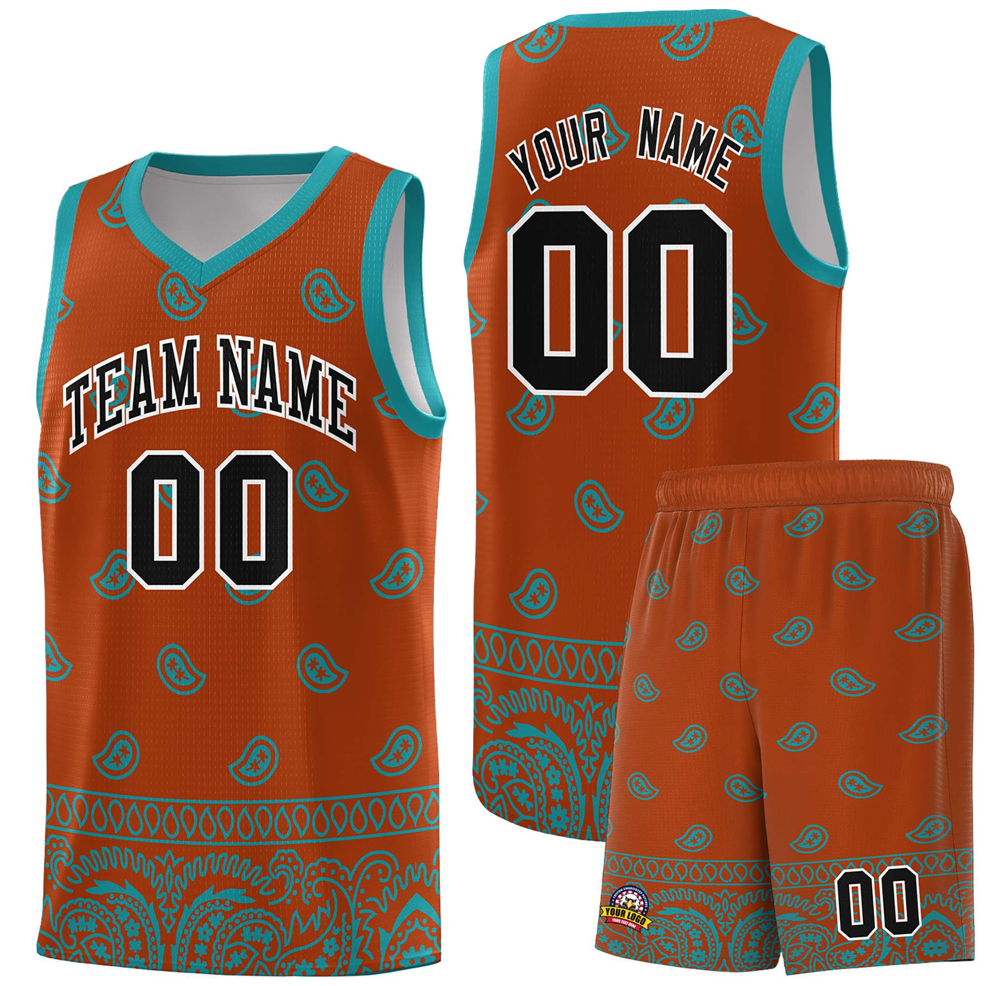 Custom Texas Orange Aqua Personalized Cashew Pattern Sports Uniform Basketball Jersey