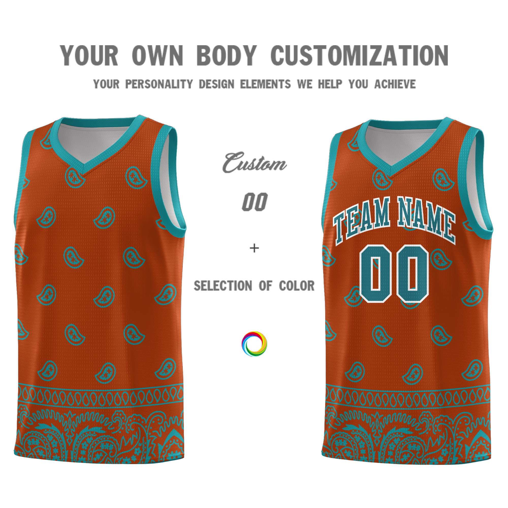 Custom Texas Orange Aqua Personalized Cashew Pattern Sports Uniform Basketball Jersey