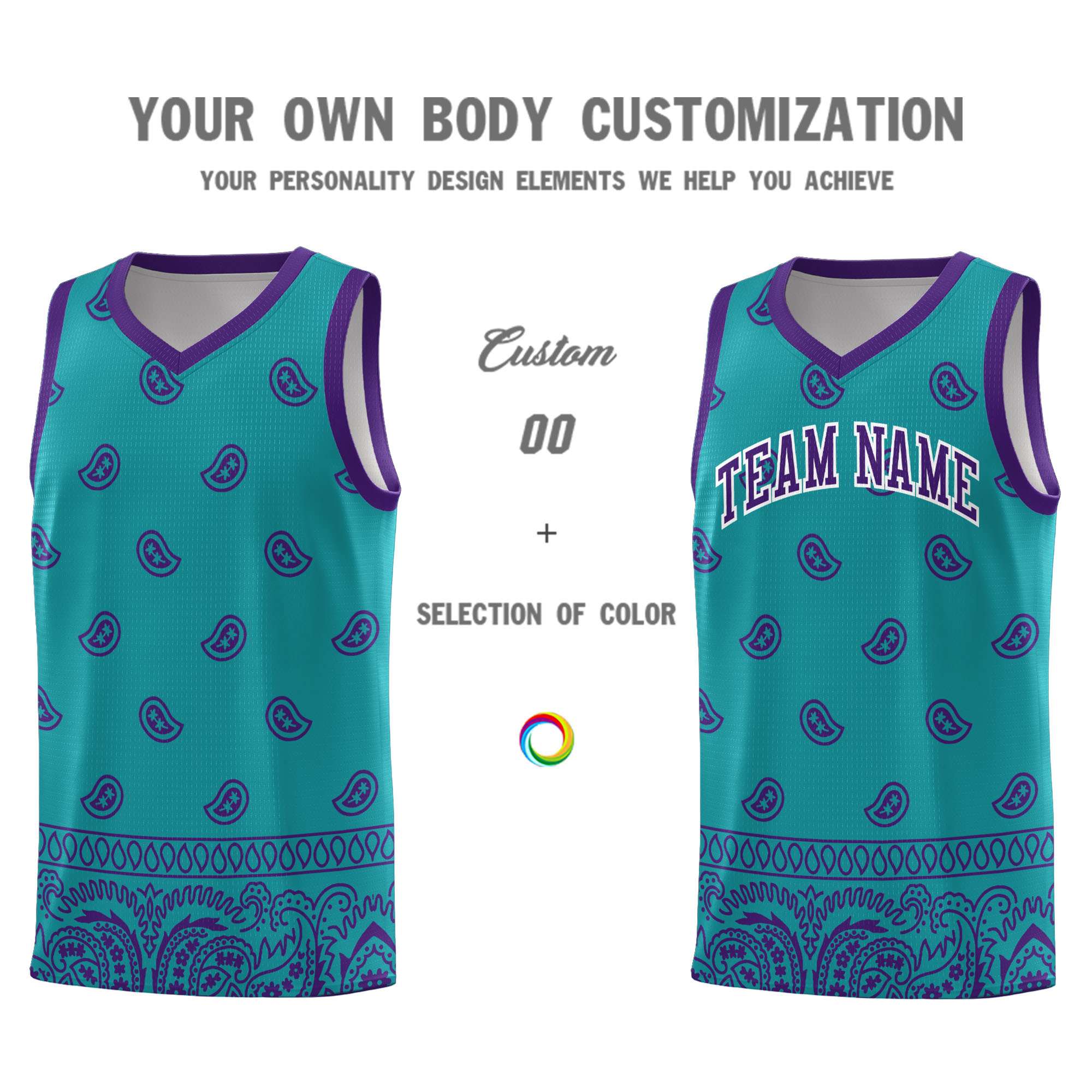 Custom Aqua Purple Personalized Cashew Pattern Sports Uniform Basketball Jersey