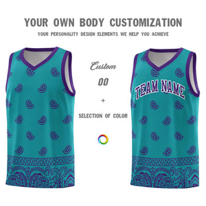 Custom Aqua Purple Personalized Cashew Pattern Sports Uniform Basketball Jersey