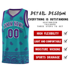 Custom Aqua Purple Personalized Cashew Pattern Sports Uniform Basketball Jersey