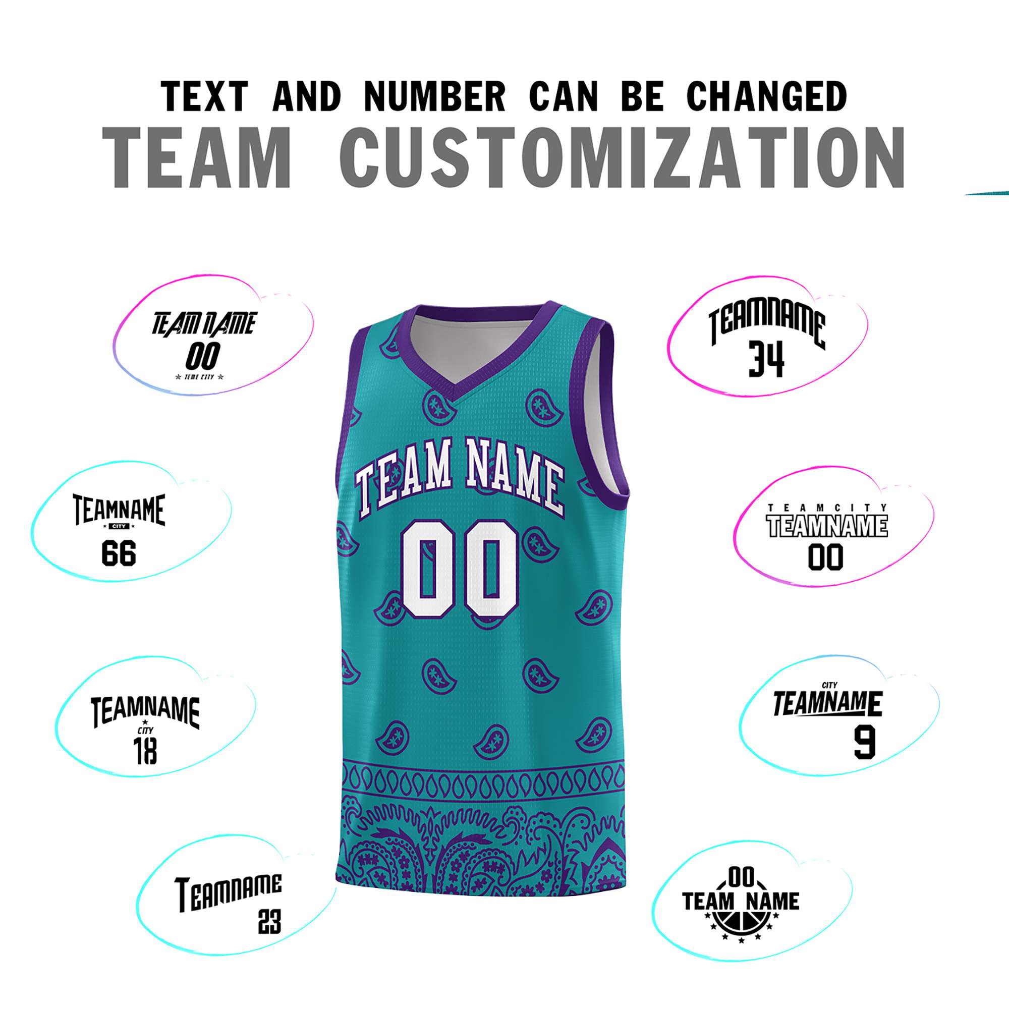 Custom Aqua Purple Personalized Cashew Pattern Sports Uniform Basketball Jersey