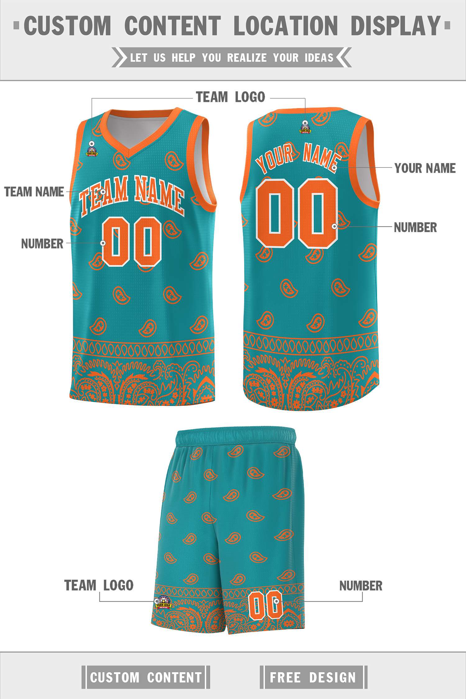 Custom Aqua Orange Personalized Cashew Pattern Sports Uniform Basketball Jersey