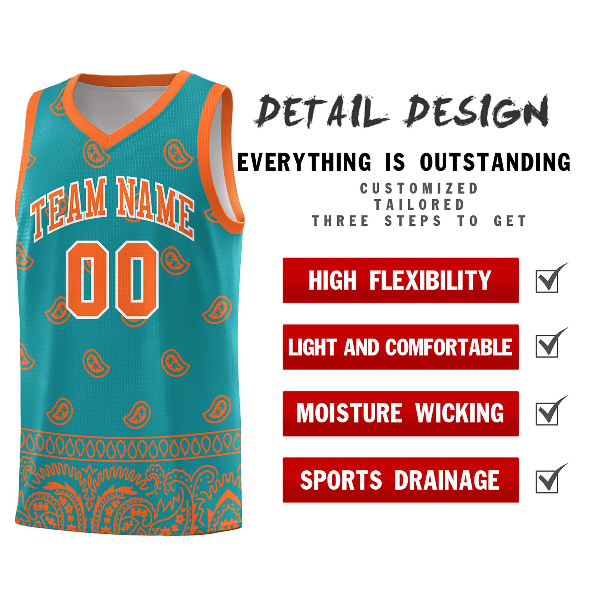 Custom Aqua Orange Personalized Cashew Pattern Sports Uniform Basketball Jersey