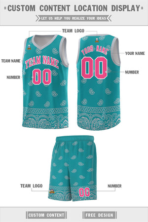 Custom Aqua Gray Personalized Cashew Pattern Sports Uniform Basketball Jersey