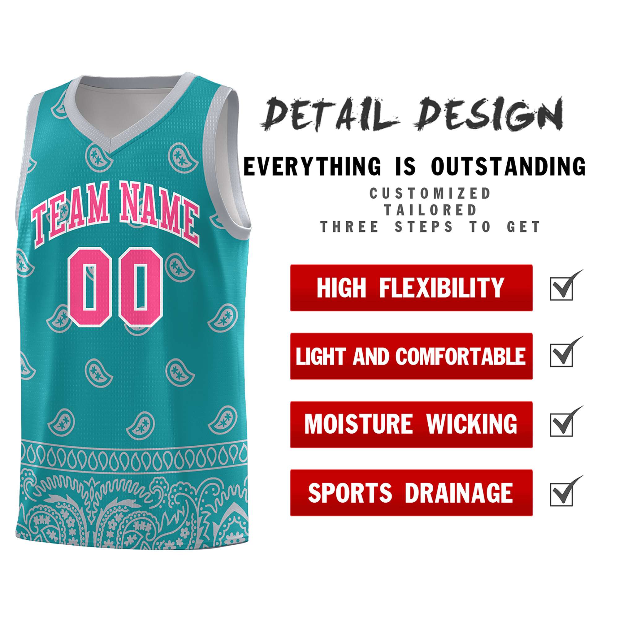 Custom Aqua Gray Personalized Cashew Pattern Sports Uniform Basketball Jersey