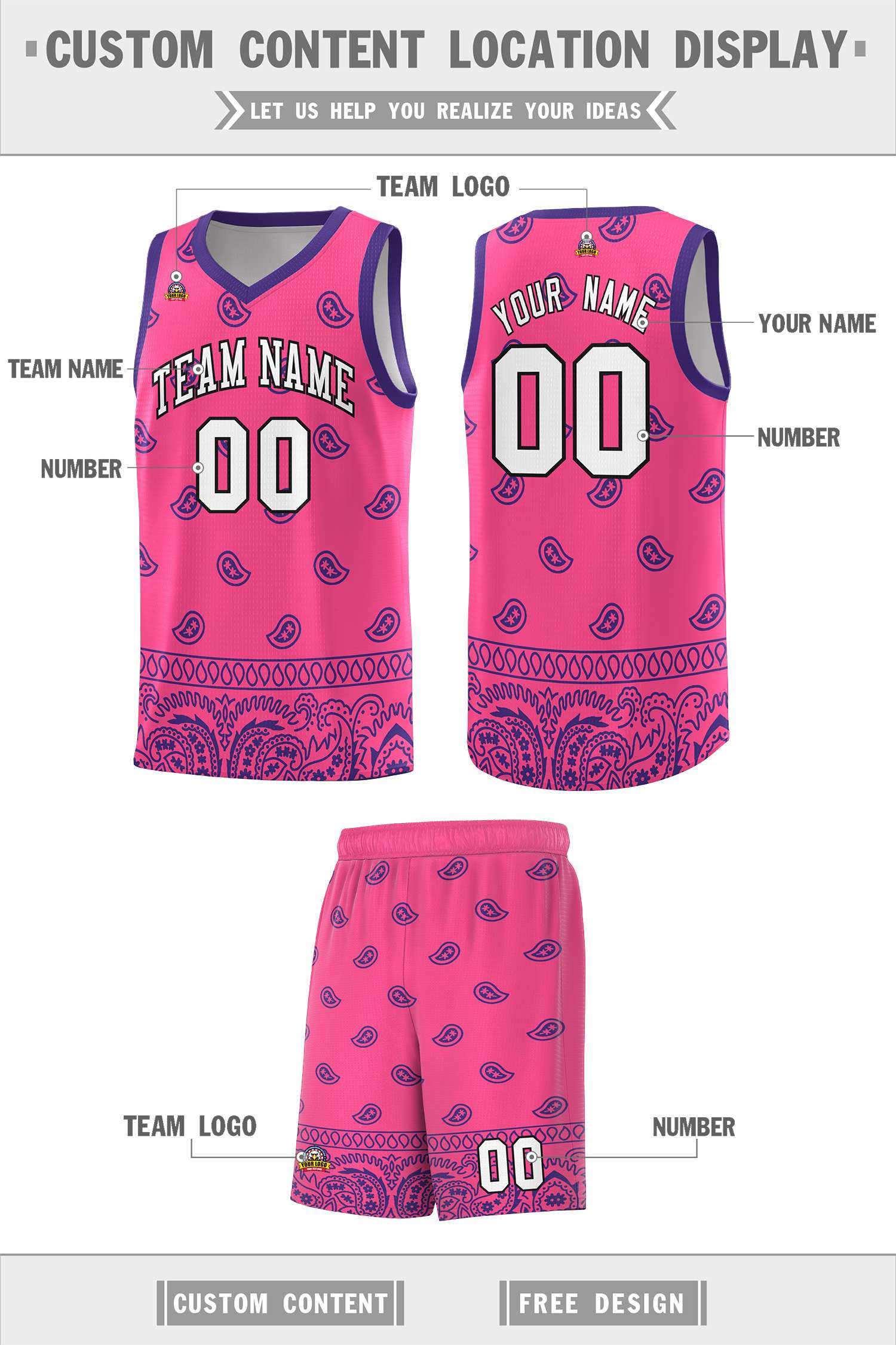 Custom Pink Purple Personalized Cashew Pattern Sports Uniform Basketball Jersey