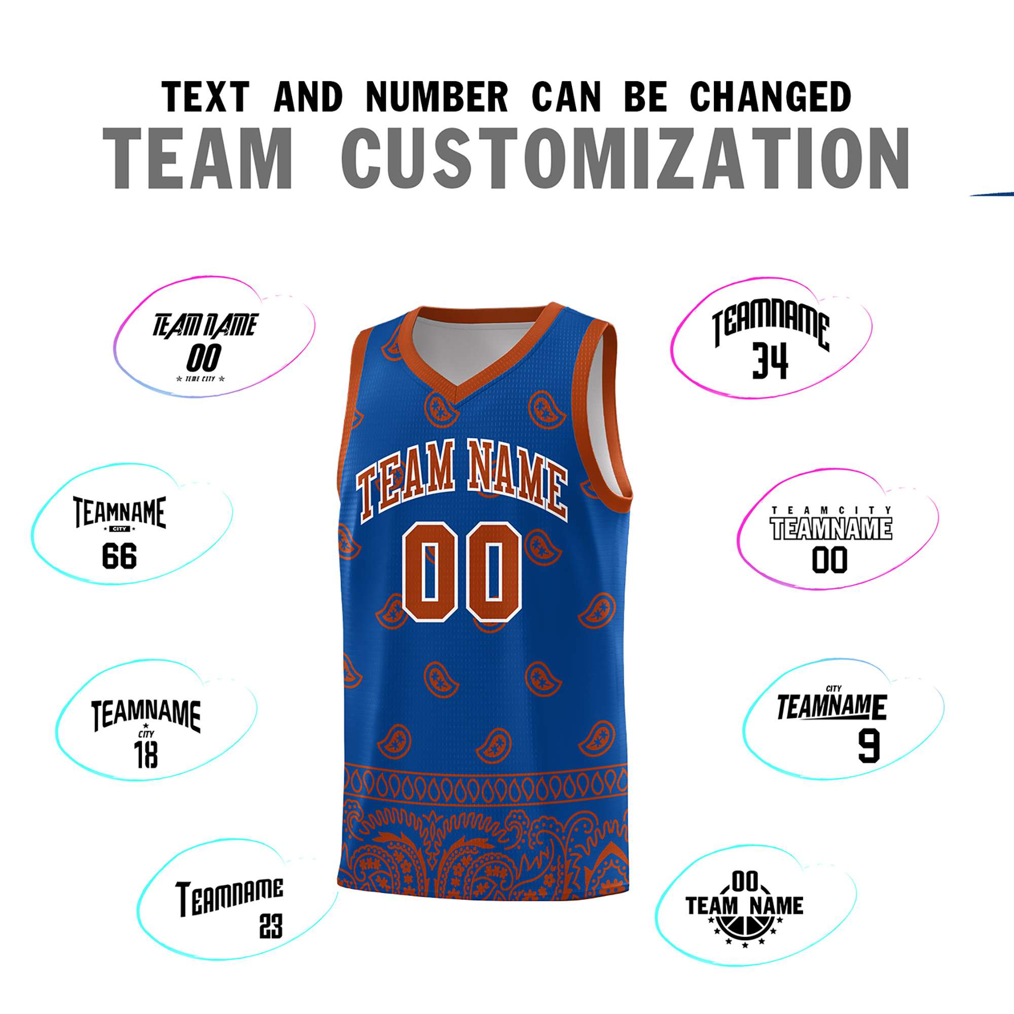 Custom Royal Texas Orange Personalized Cashew Pattern Sports Uniform Basketball Jersey