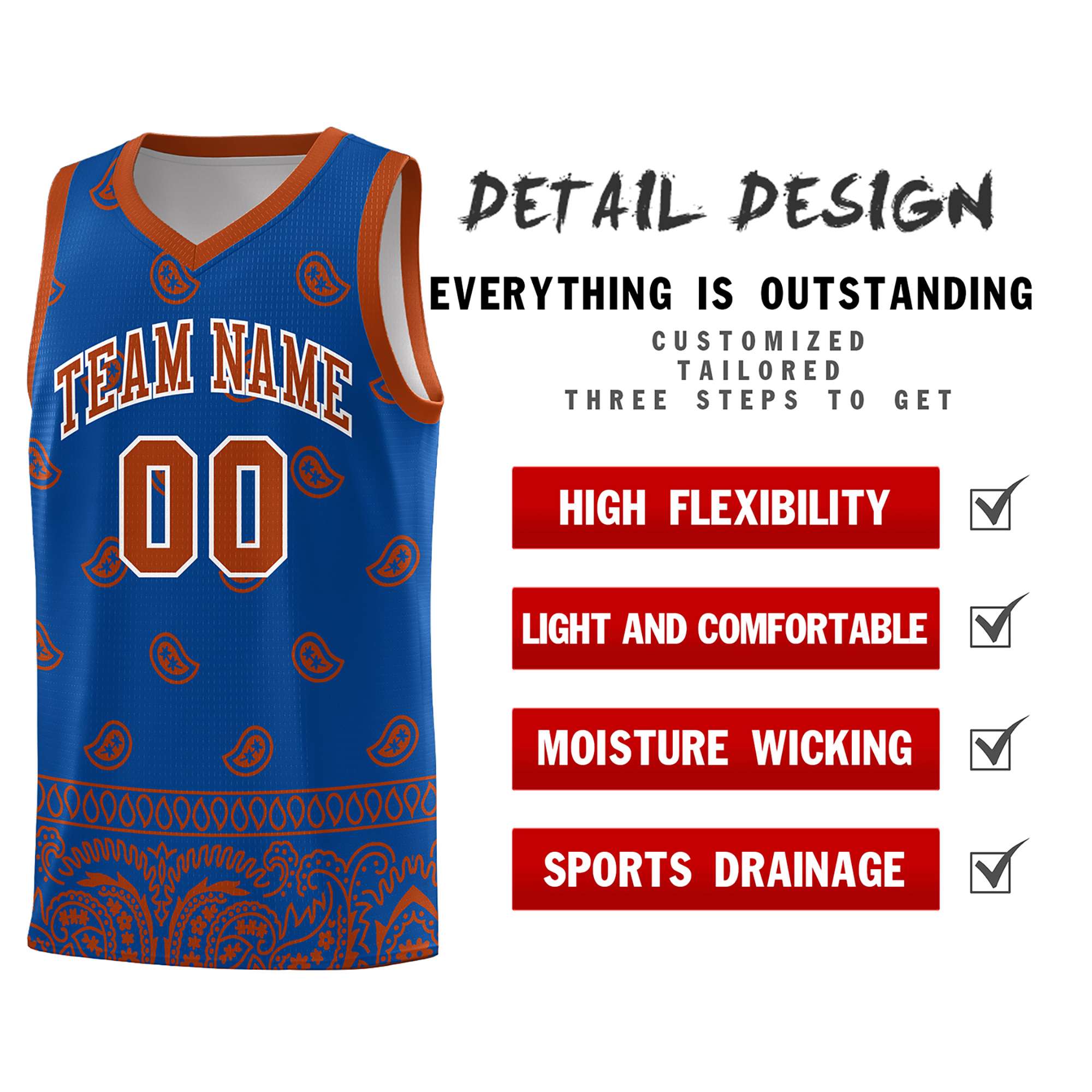 Custom Royal Texas Orange Personalized Cashew Pattern Sports Uniform Basketball Jersey