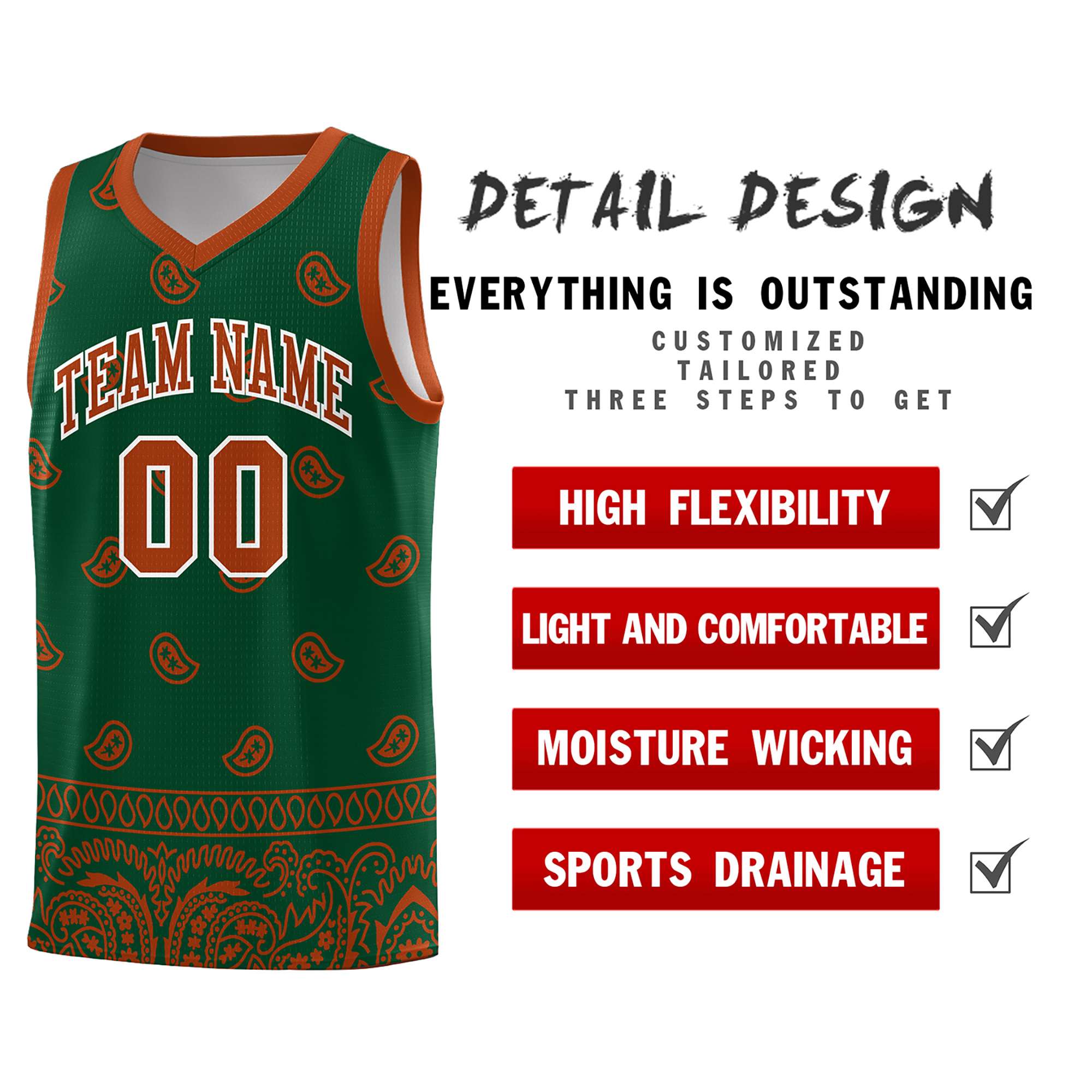 Custom Green Texas Orange Personalized Cashew Pattern Sports Uniform Basketball Jersey