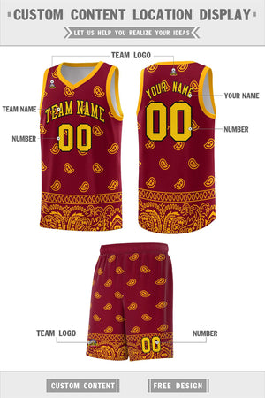 Custom Crimson Yellow Personalized Cashew Pattern Sports Uniform Basketball Jersey