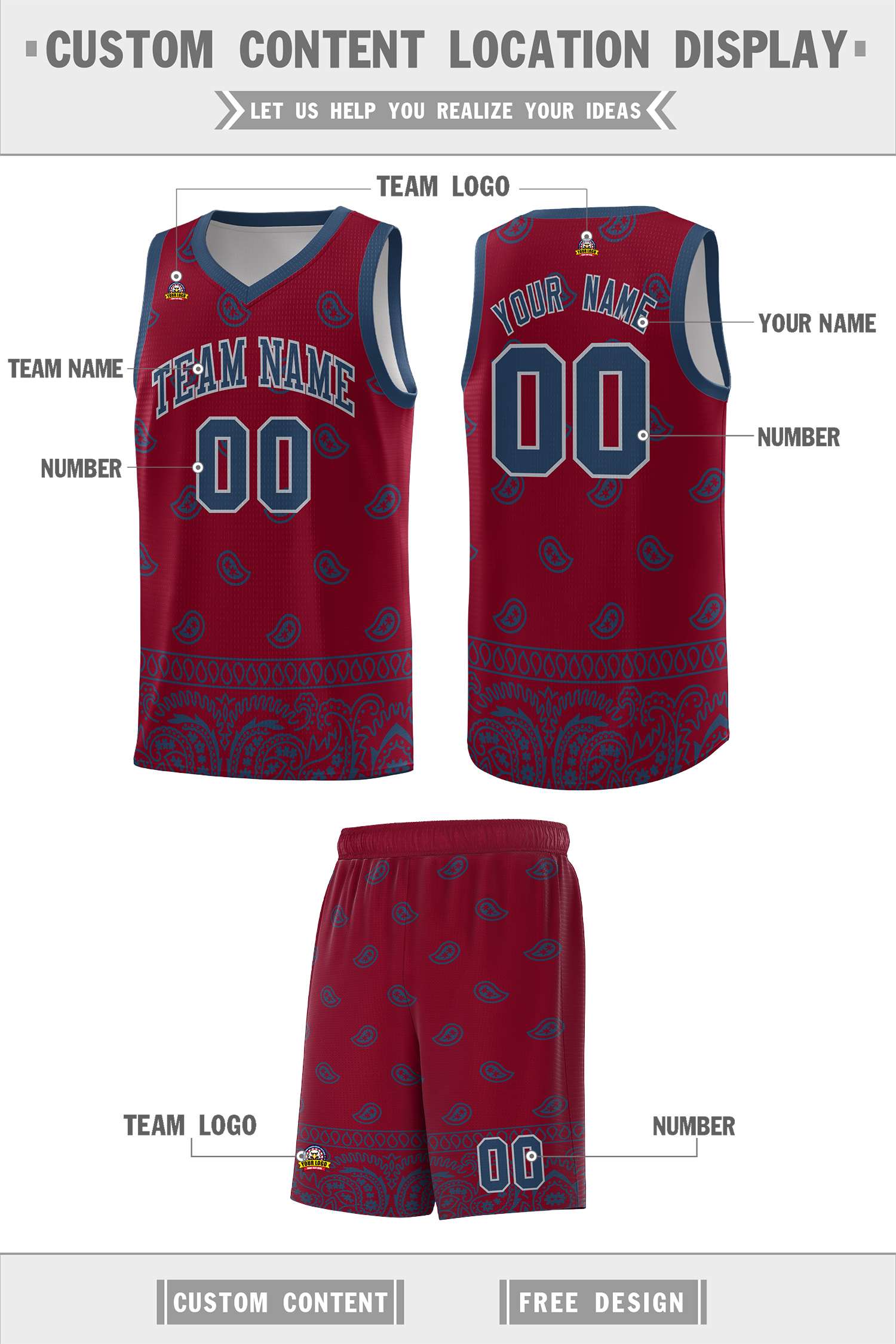 Custom Crimson Midnight Blue Personalized Cashew Pattern Sports Uniform Basketball Jersey