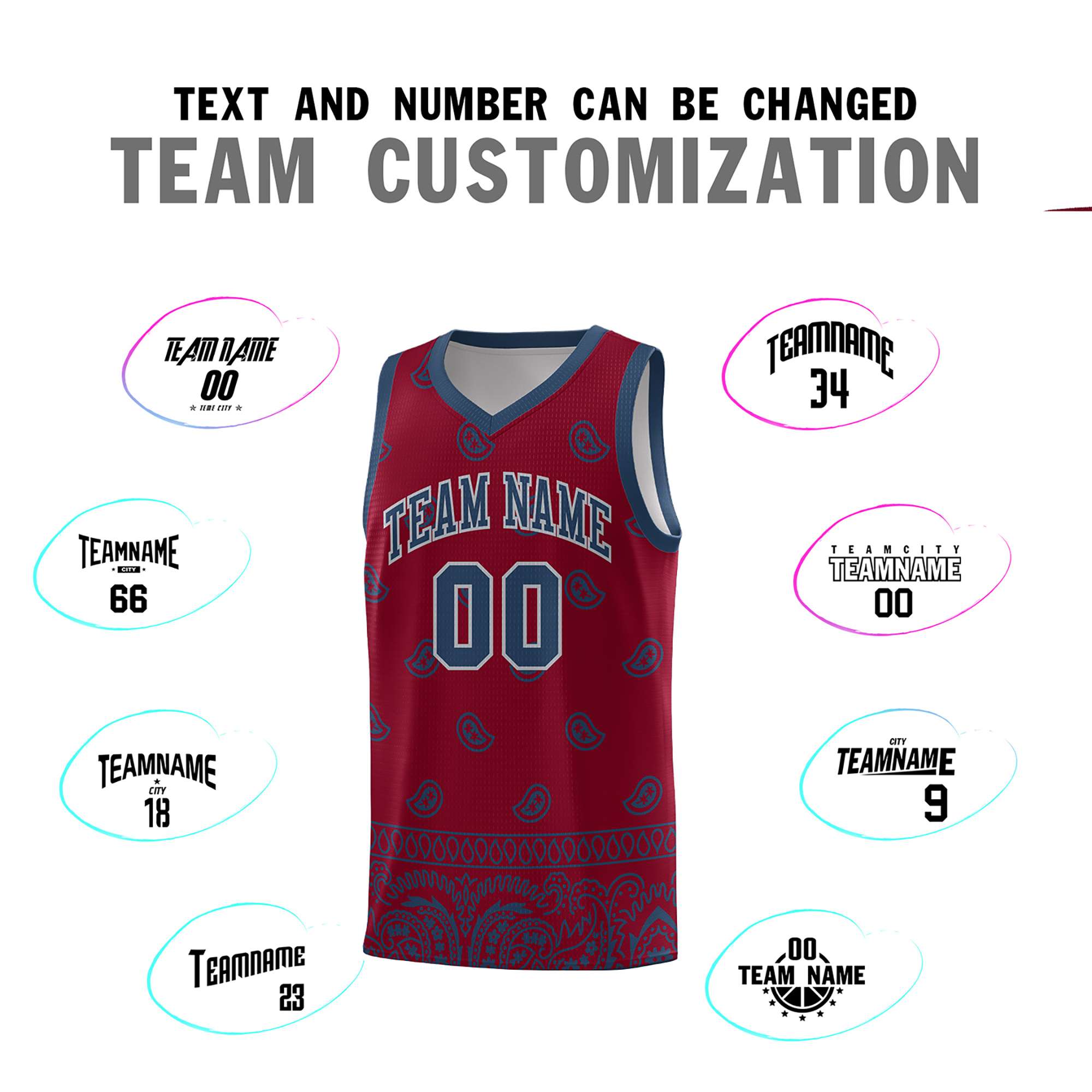 Custom Crimson Midnight Blue Personalized Cashew Pattern Sports Uniform Basketball Jersey