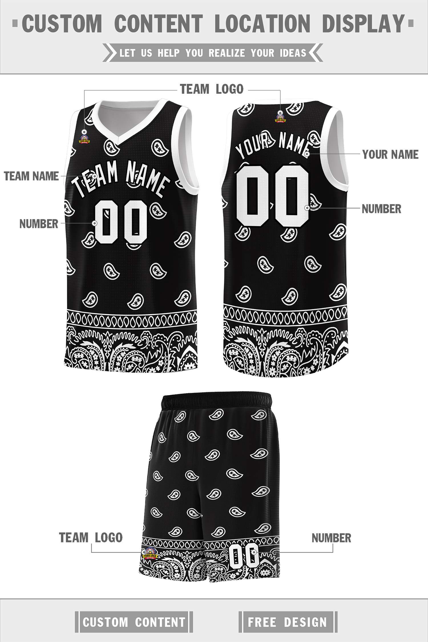 Custom Black White Personalized Cashew Pattern Sports Uniform Basketball Jersey