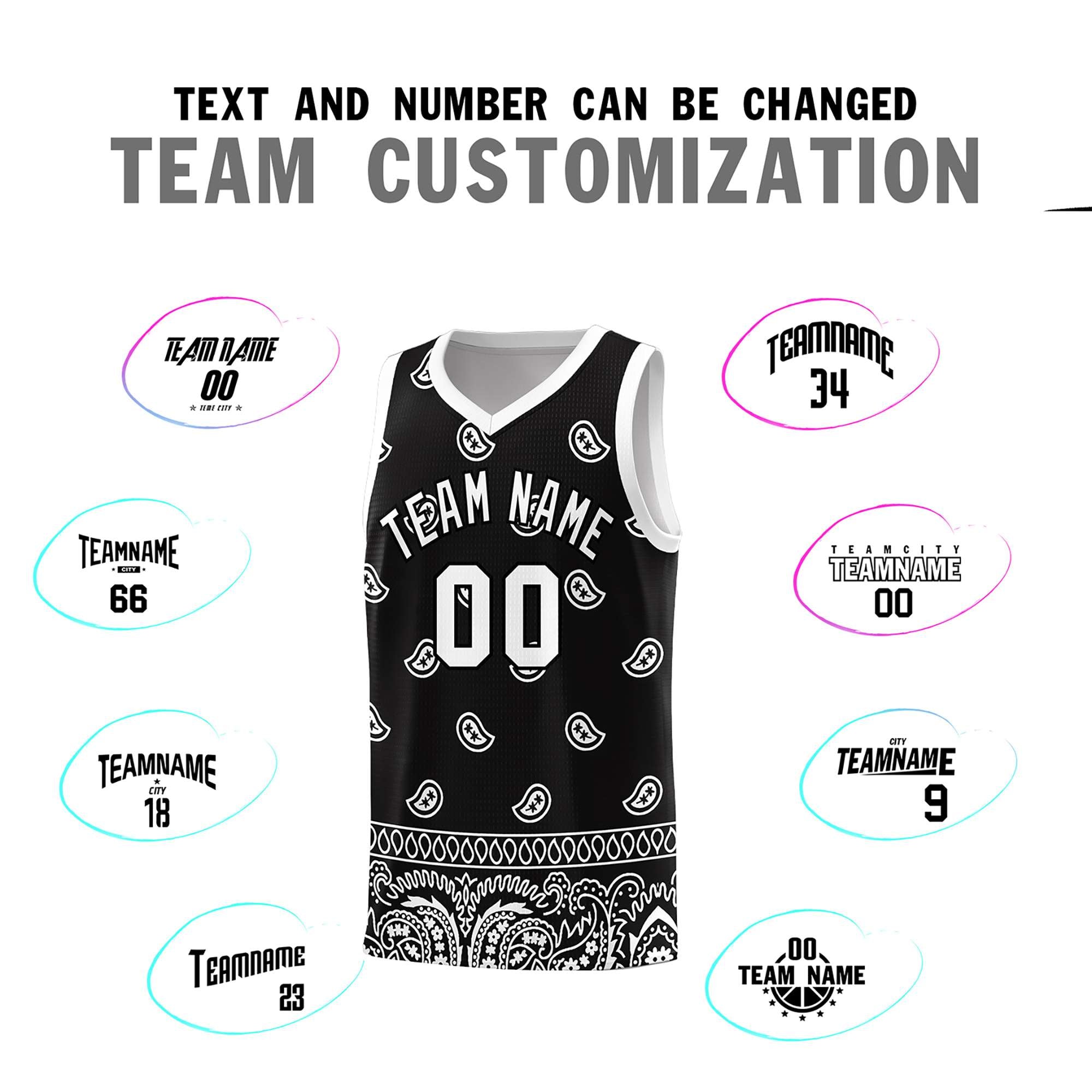 Custom Black White Personalized Cashew Pattern Sports Uniform Basketball Jersey