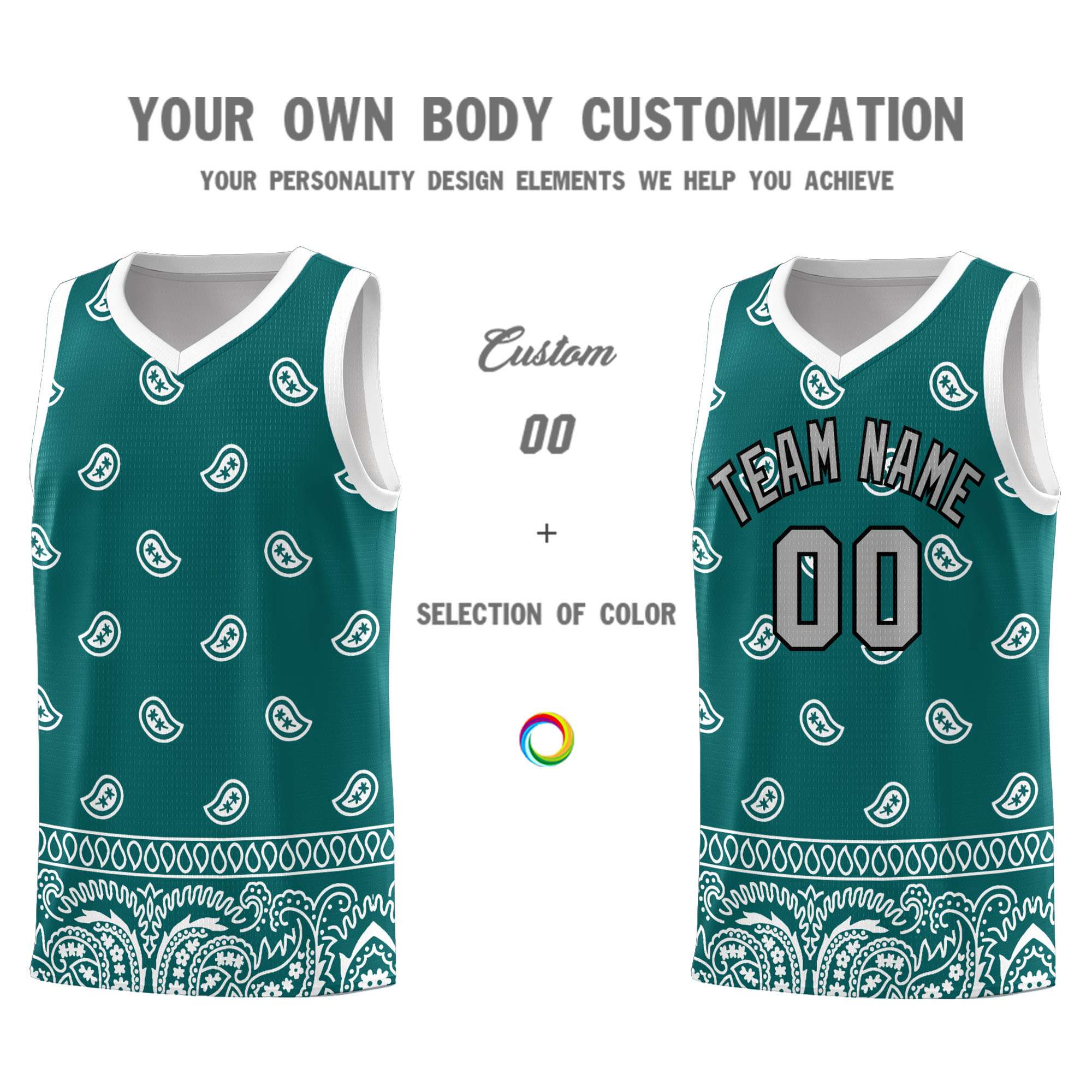 Custom Aqua White Personalized Cashew Pattern Sports Uniform Basketball Jersey