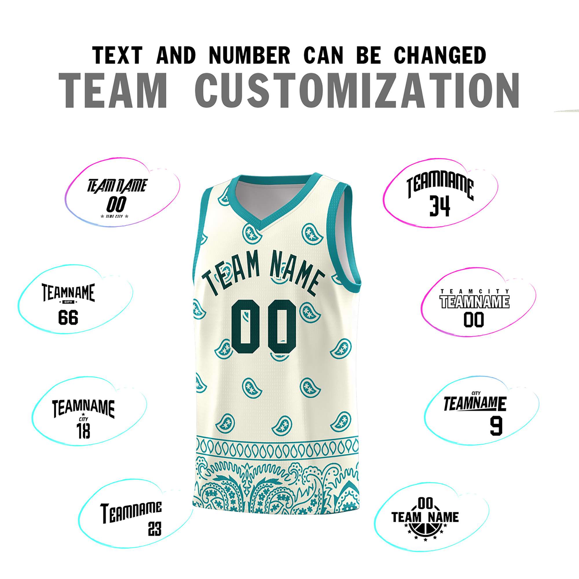 Custom White Aqua Personalized Cashew Pattern Sports Uniform Basketball Jersey