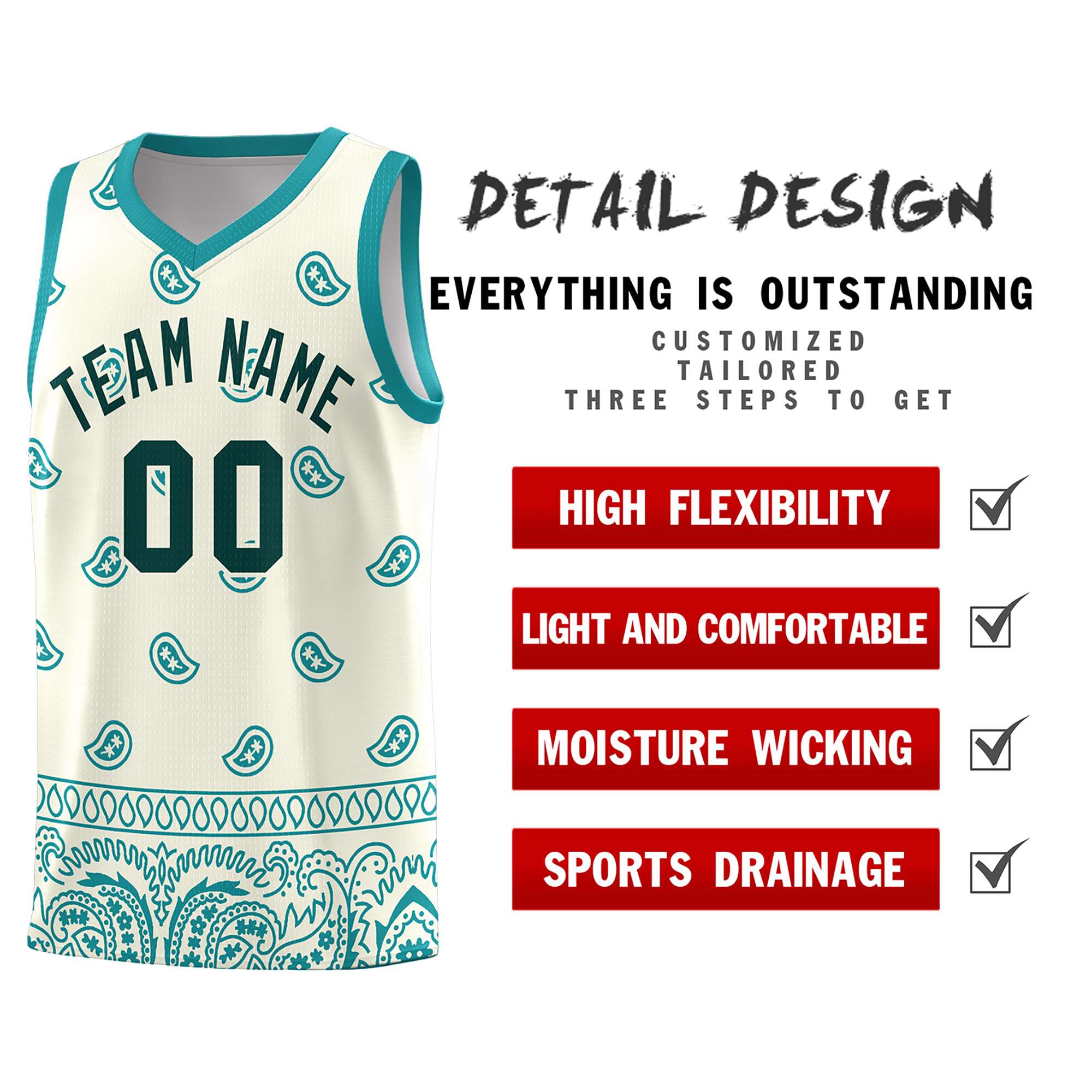 Custom White Aqua Personalized Cashew Pattern Sports Uniform Basketball Jersey