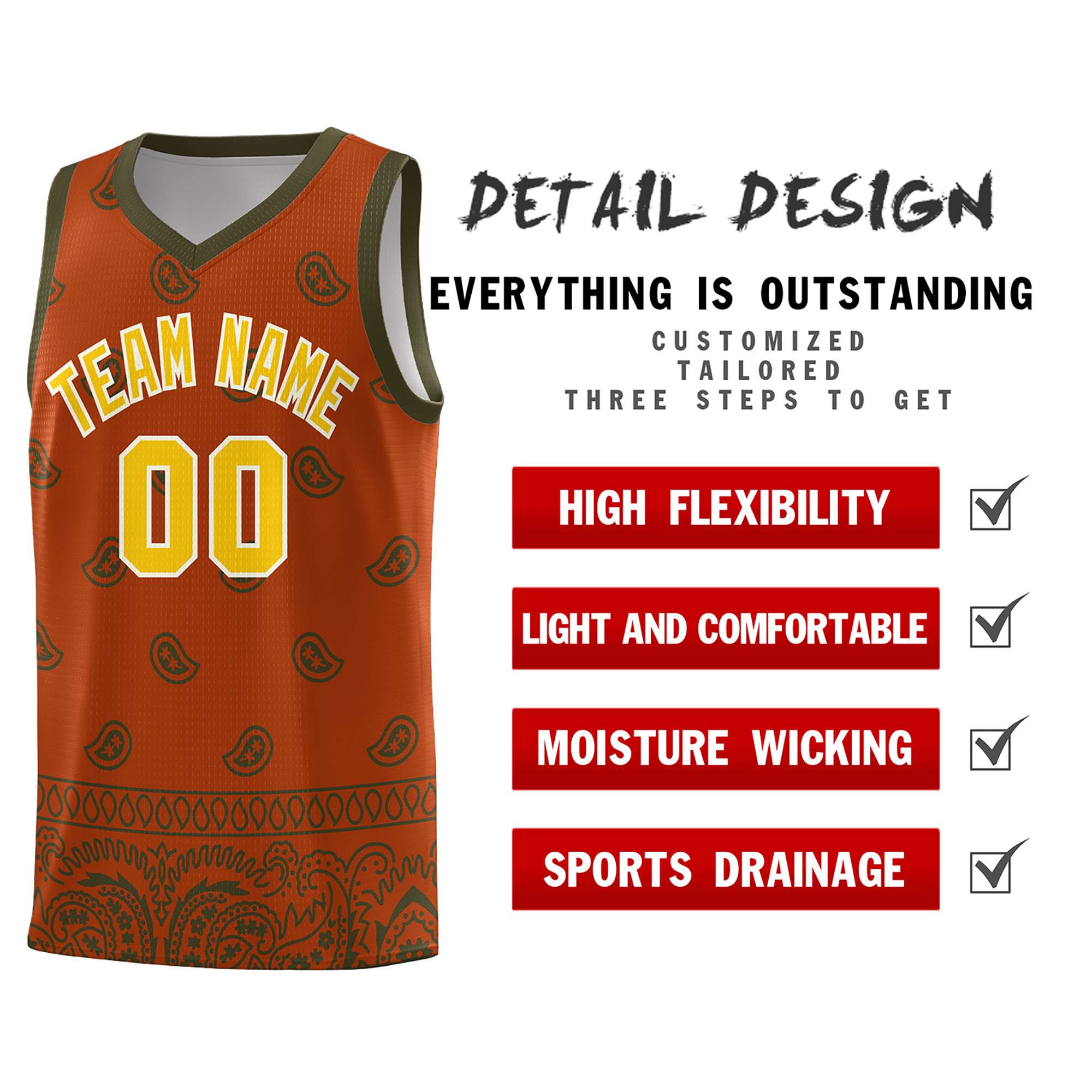 Custom Texas Orange Olive Personalized Cashew Pattern Sports Uniform Basketball Jersey