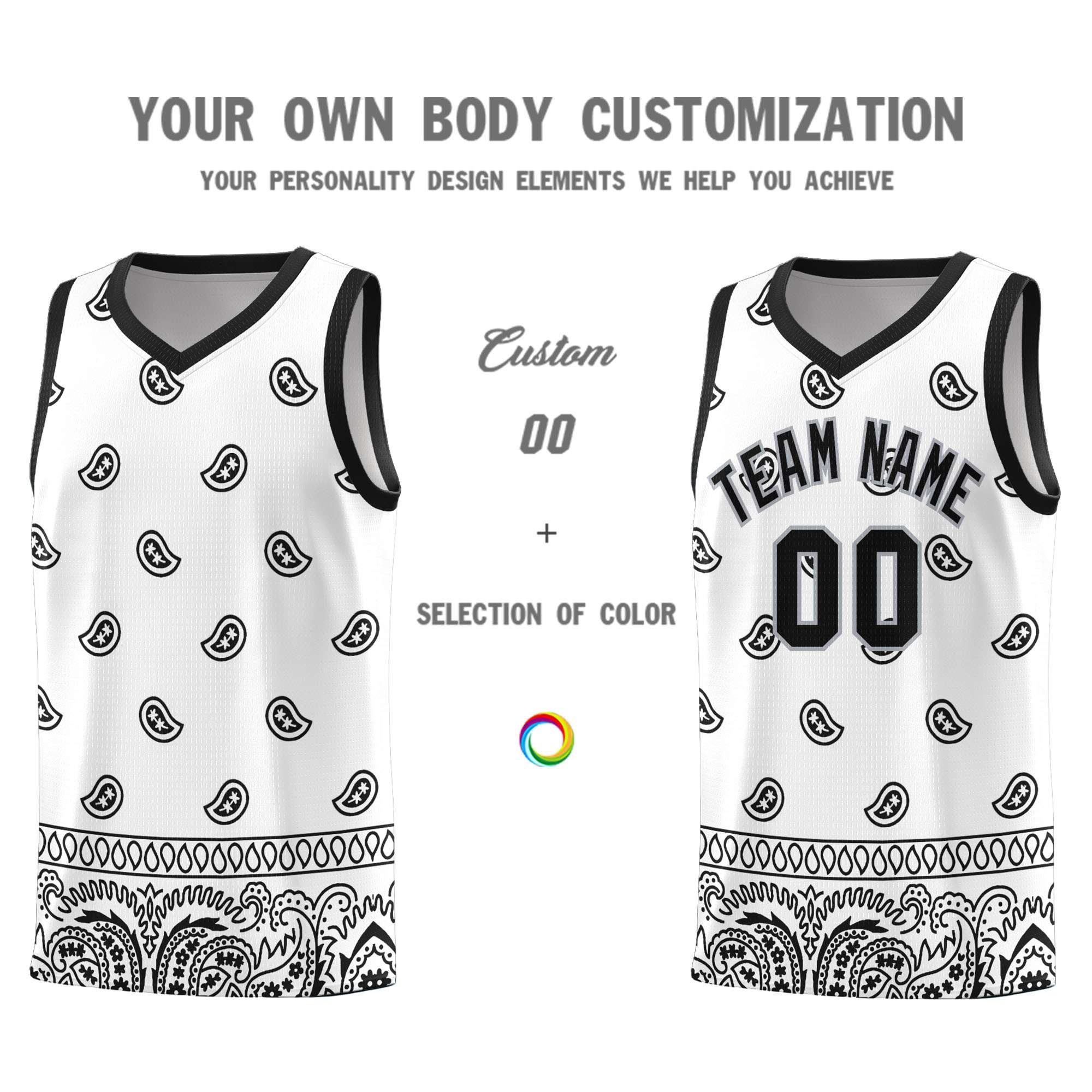 Custom White Black Personalized Cashew Pattern Sports Uniform Basketball Jersey