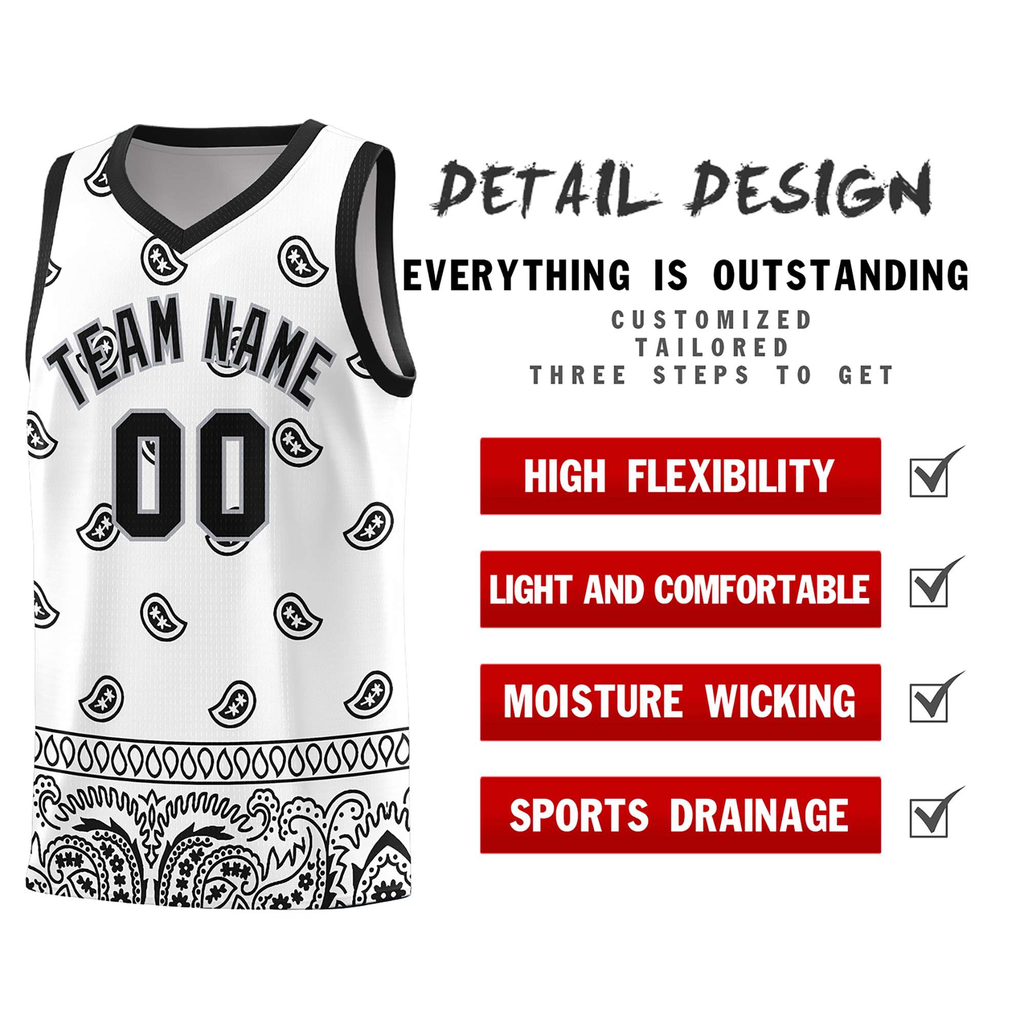 Custom White Black Personalized Cashew Pattern Sports Uniform Basketball Jersey