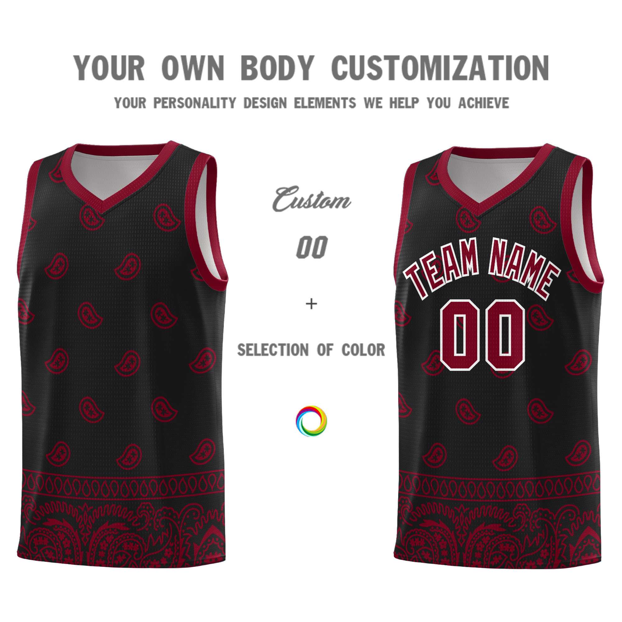 Custom Black Crimson Personalized Cashew Pattern Sports Uniform Basketball Jersey