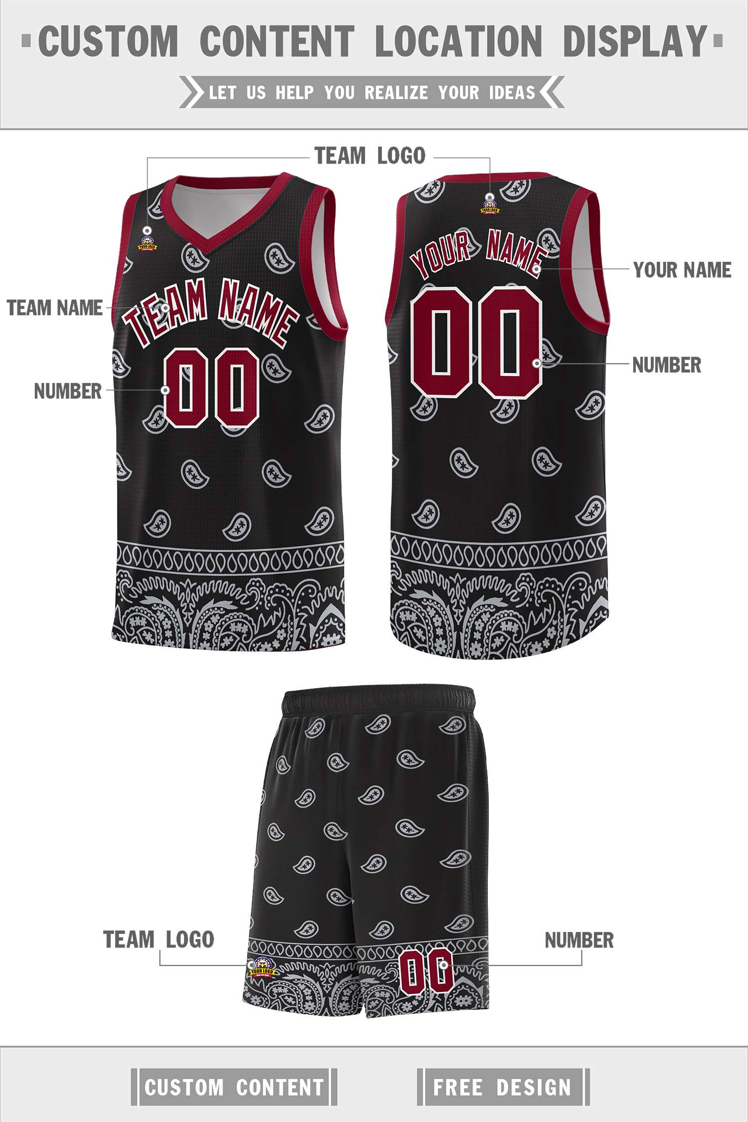 Custom Black Gray Personalized Cashew Pattern Sports Uniform Basketball Jersey