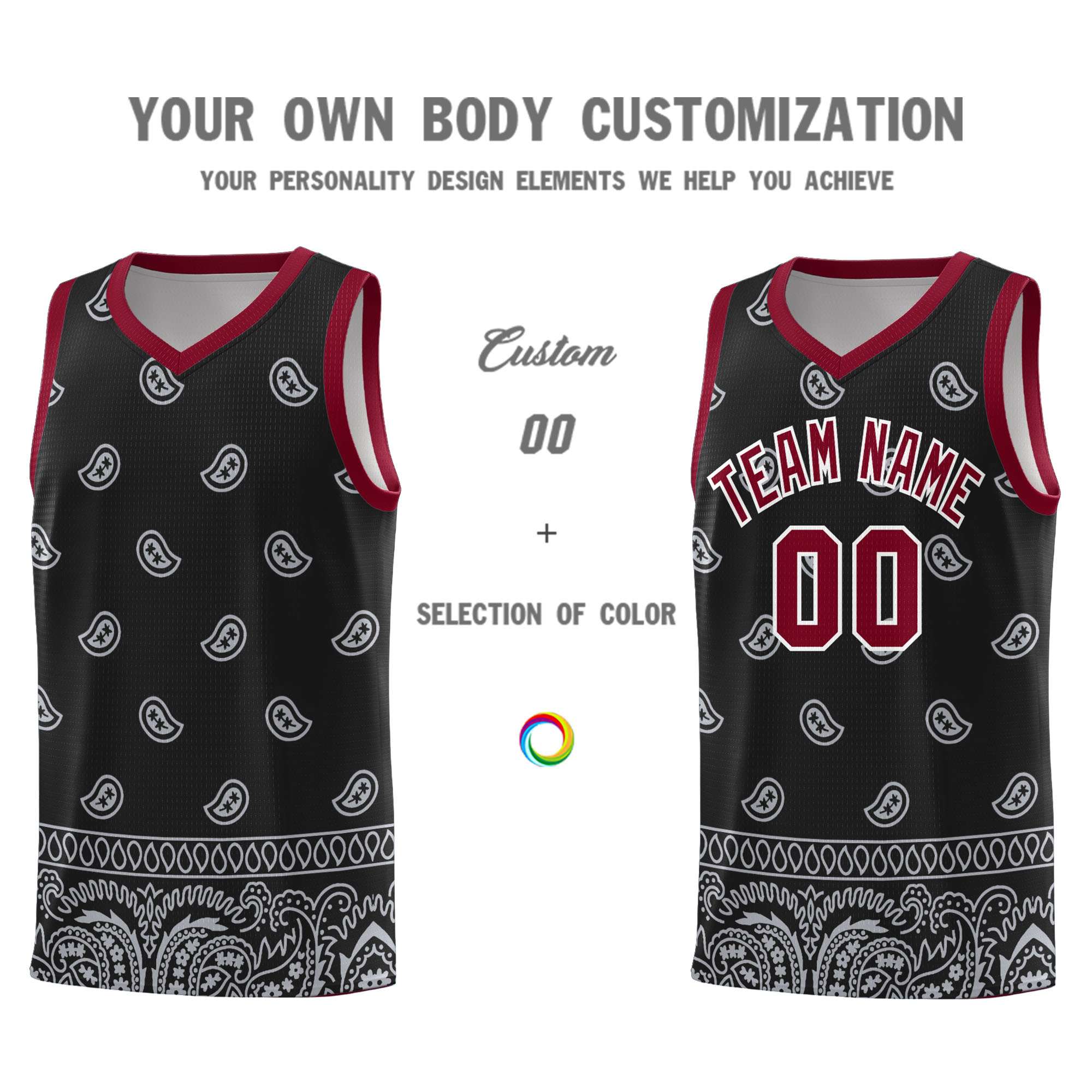 Custom Black Gray Personalized Cashew Pattern Sports Uniform Basketball Jersey