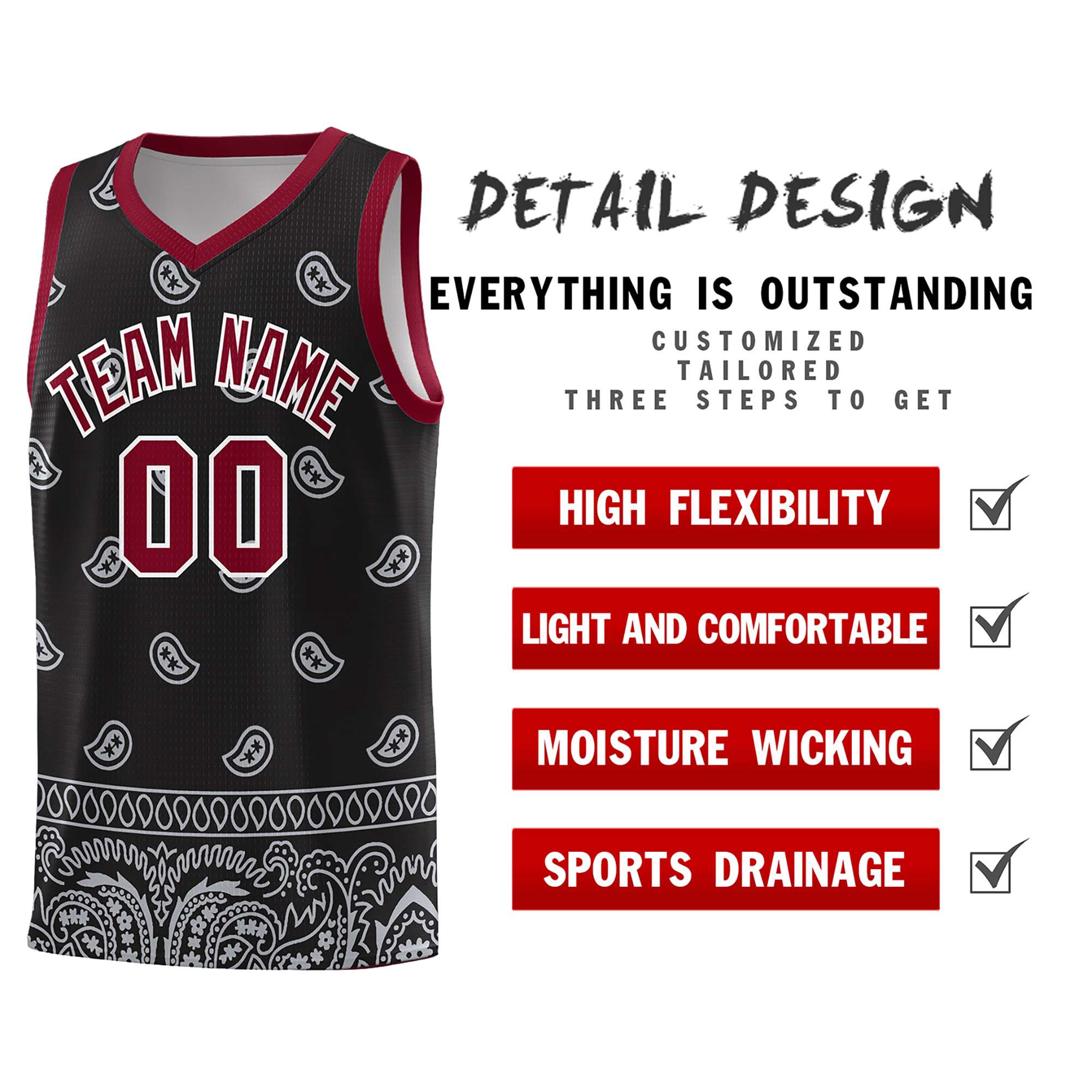 Custom Black Gray Personalized Cashew Pattern Sports Uniform Basketball Jersey