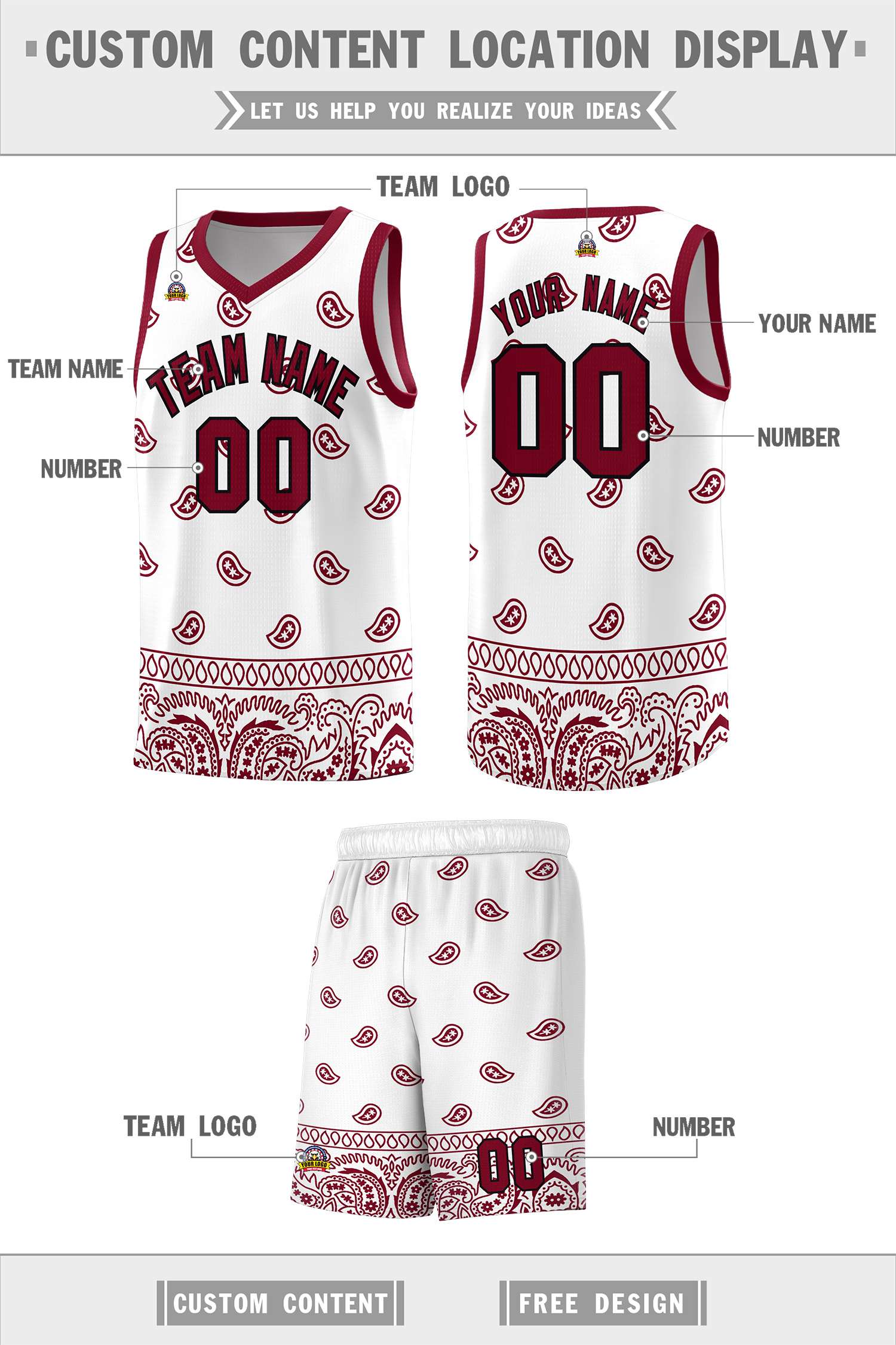 Custom White Crimson Personalized Cashew Pattern Sports Uniform Basketball Jersey