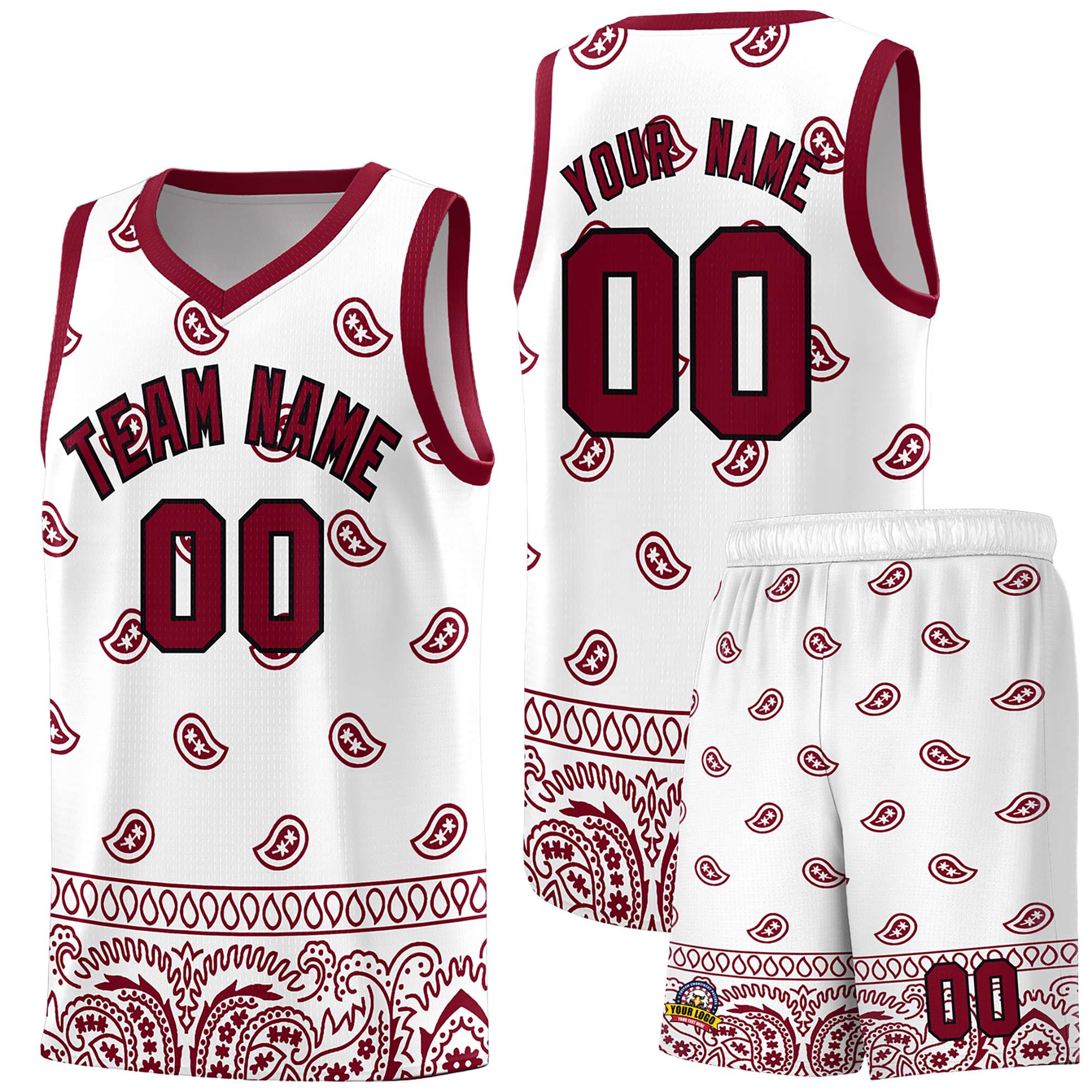 Custom White Crimson Personalized Cashew Pattern Sports Uniform Basketball Jersey