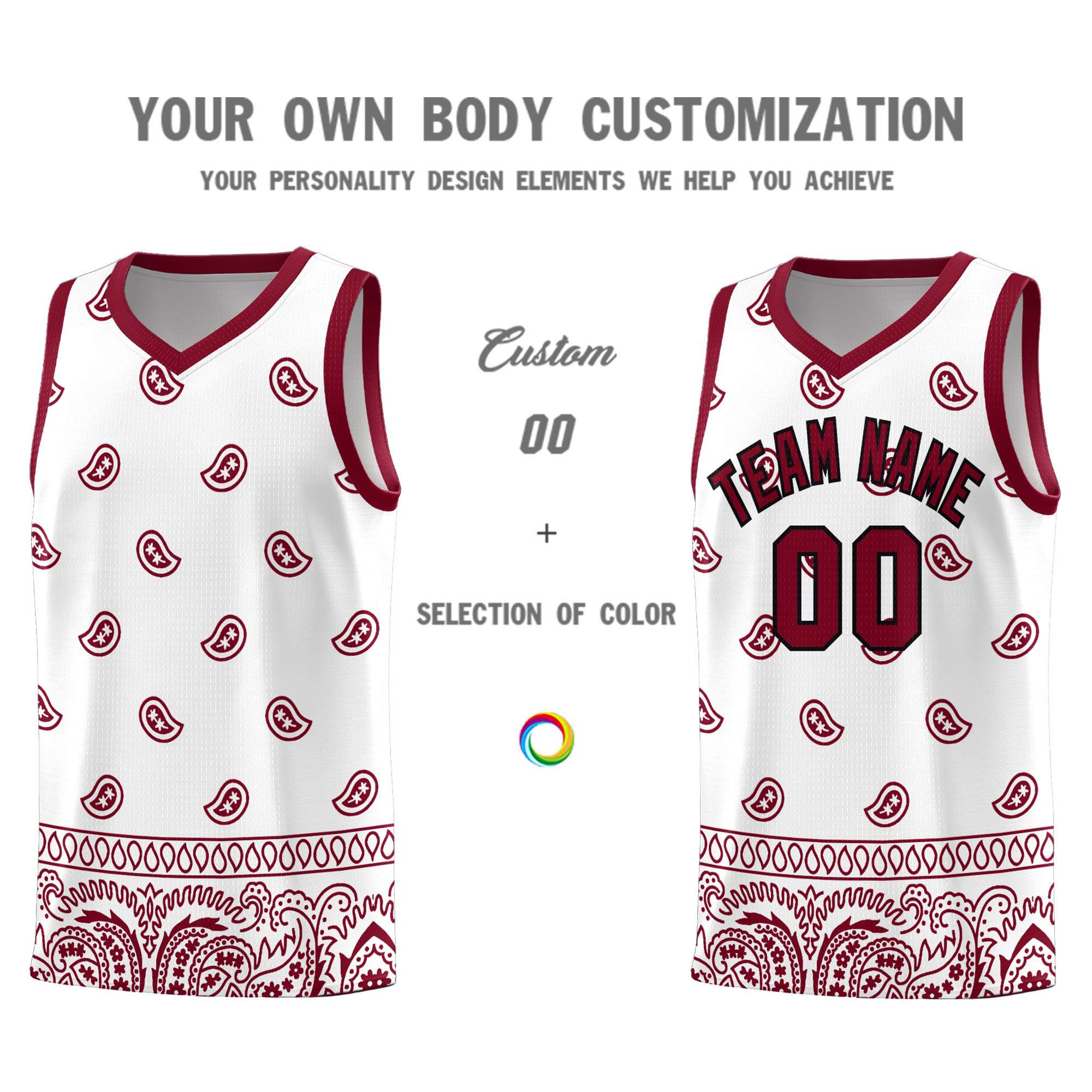 Custom White Crimson Personalized Cashew Pattern Sports Uniform Basketball Jersey