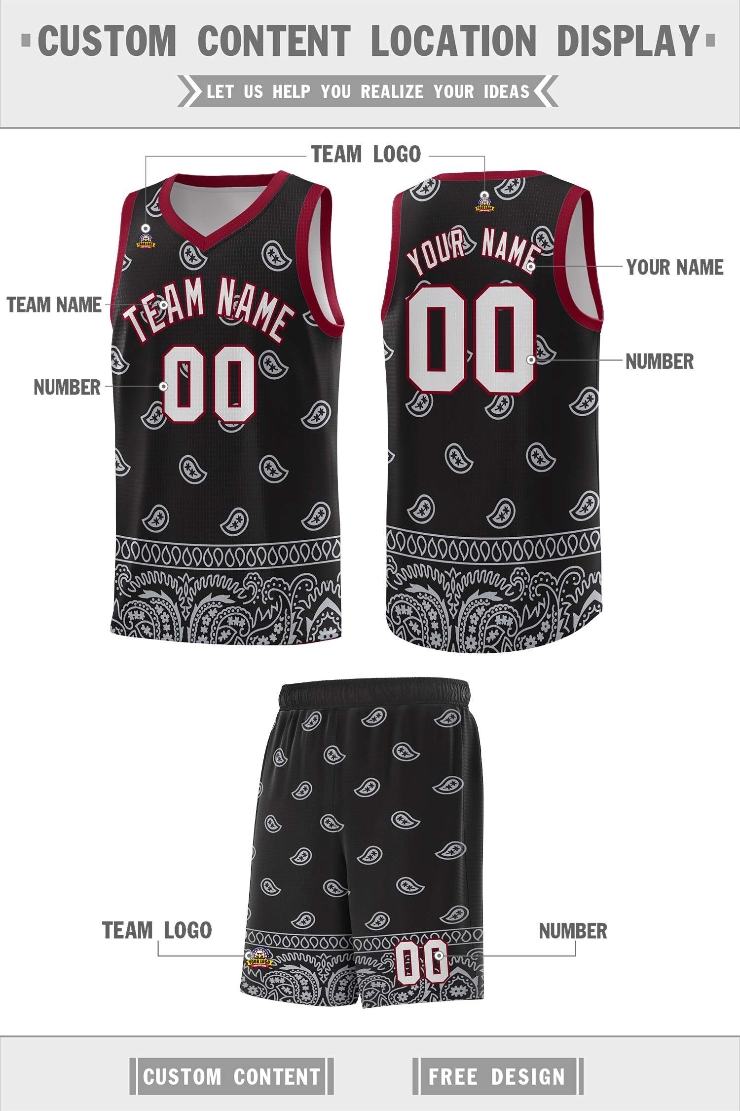 Custom Black Gray Personalized Cashew Pattern Sports Uniform Basketball Jersey