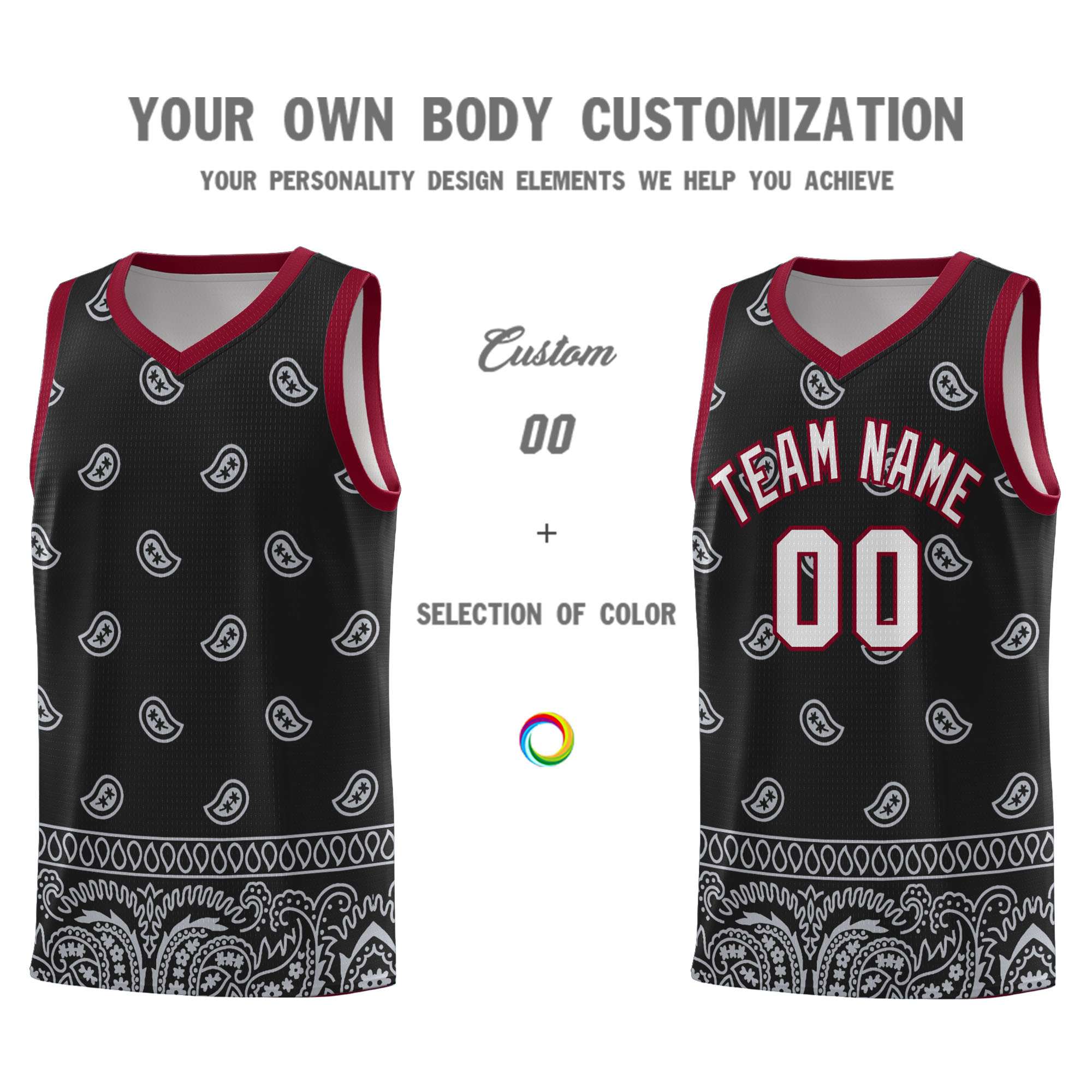 Custom Black Gray Personalized Cashew Pattern Sports Uniform Basketball Jersey