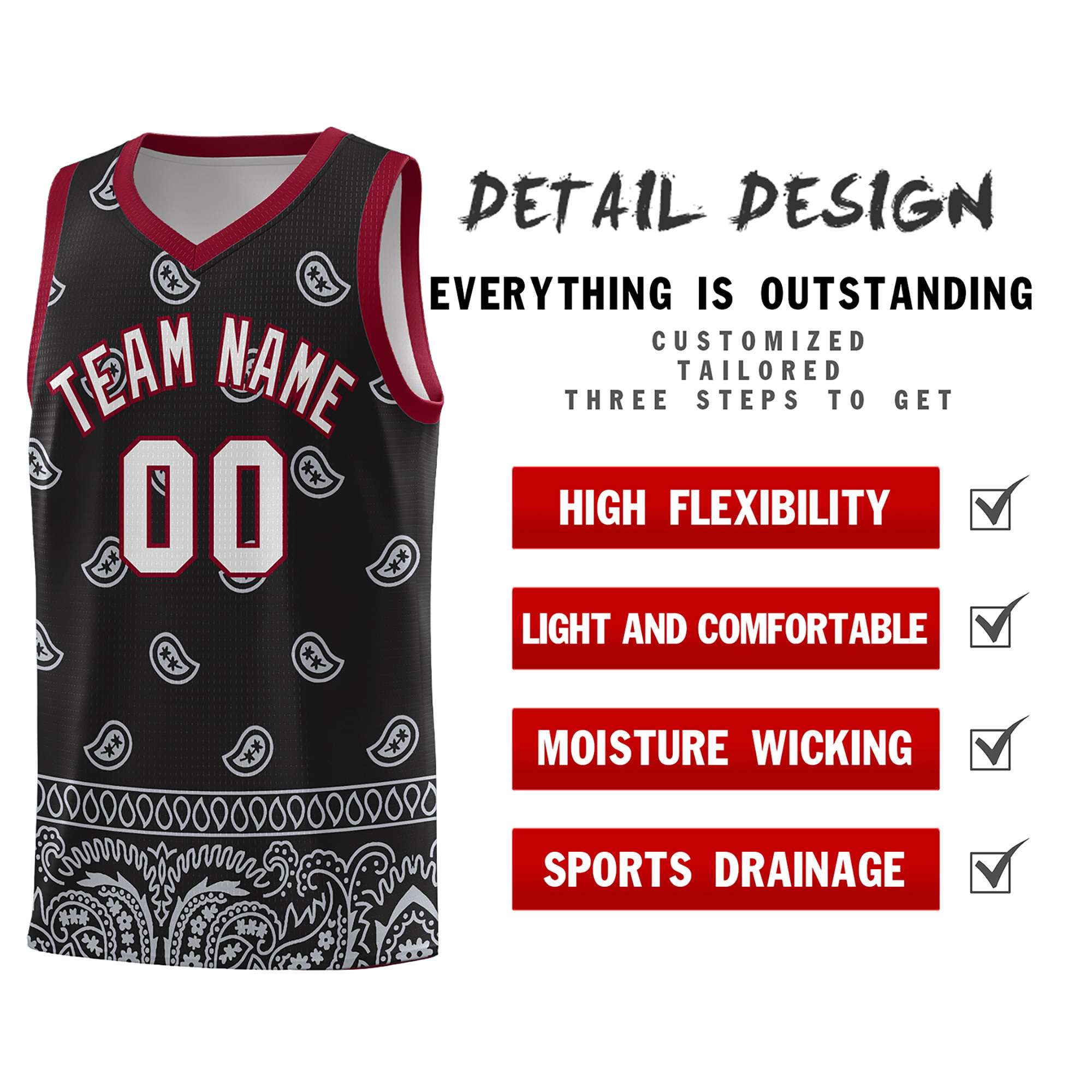 Custom Black Gray Personalized Cashew Pattern Sports Uniform Basketball Jersey