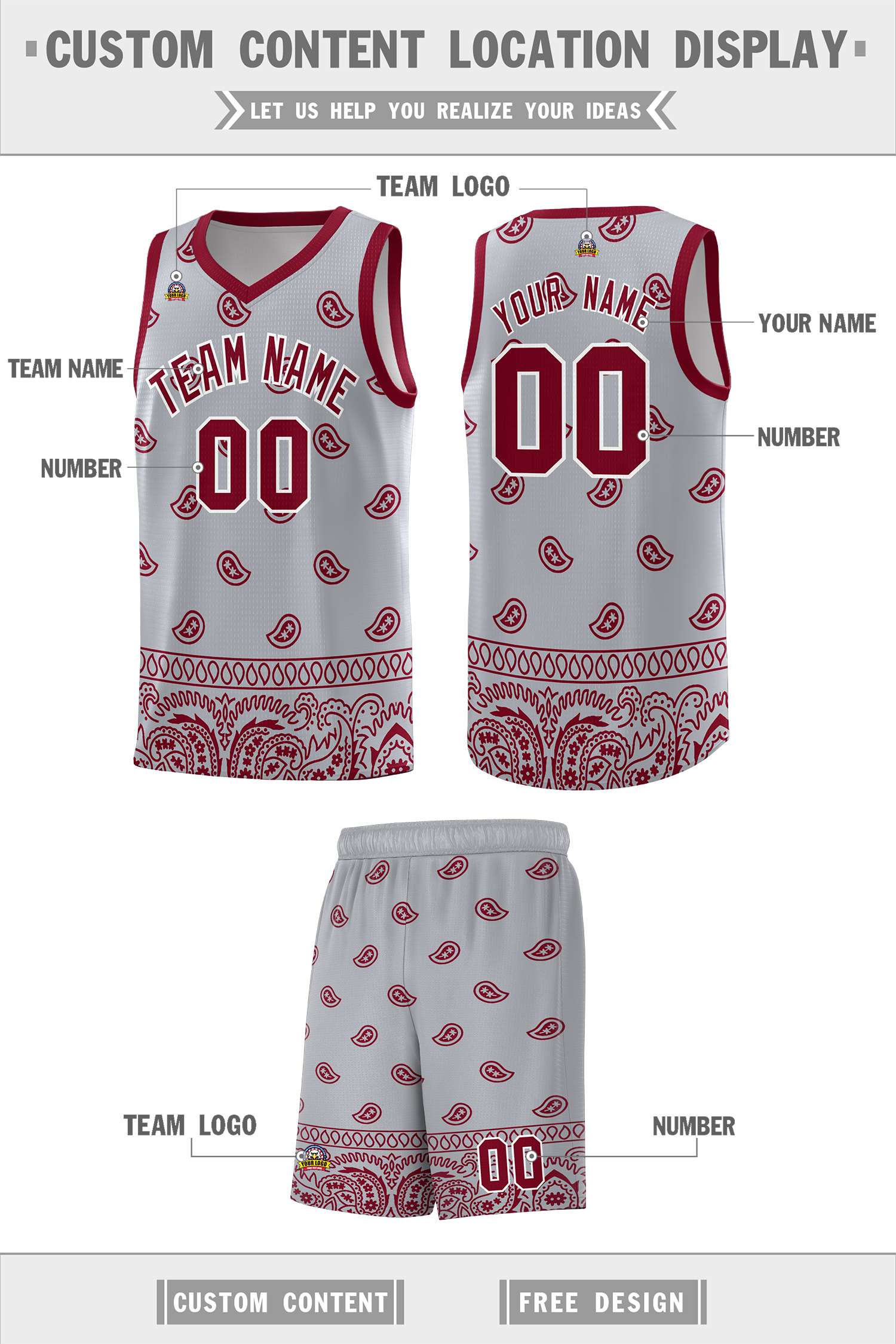 Custom Gray Crimson Personalized Cashew Pattern Sports Uniform Basketball Jersey