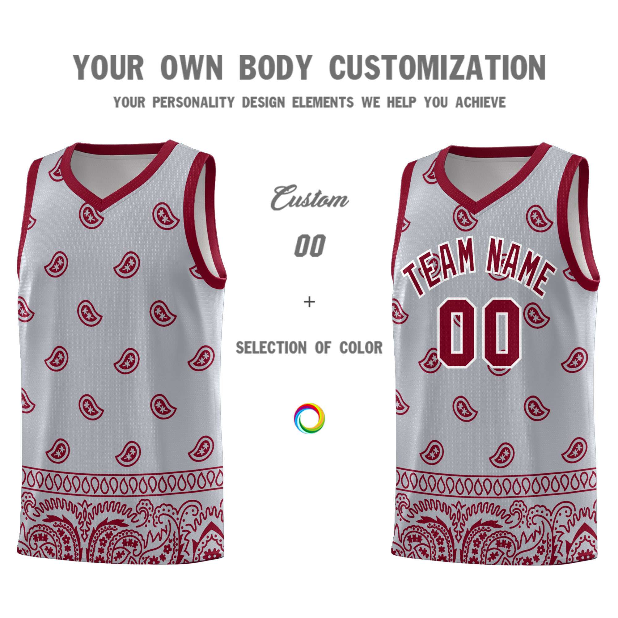 Custom Gray Crimson Personalized Cashew Pattern Sports Uniform Basketball Jersey