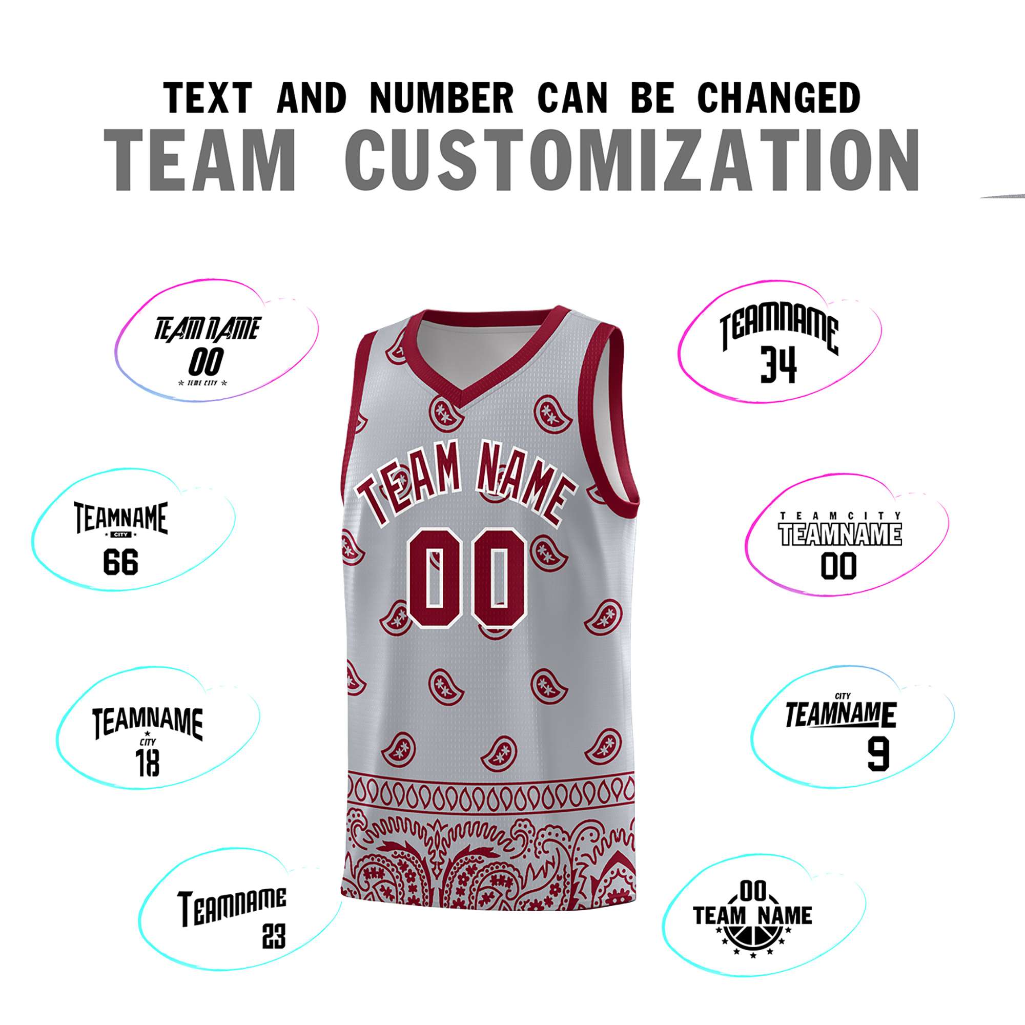 Custom Gray Crimson Personalized Cashew Pattern Sports Uniform Basketball Jersey