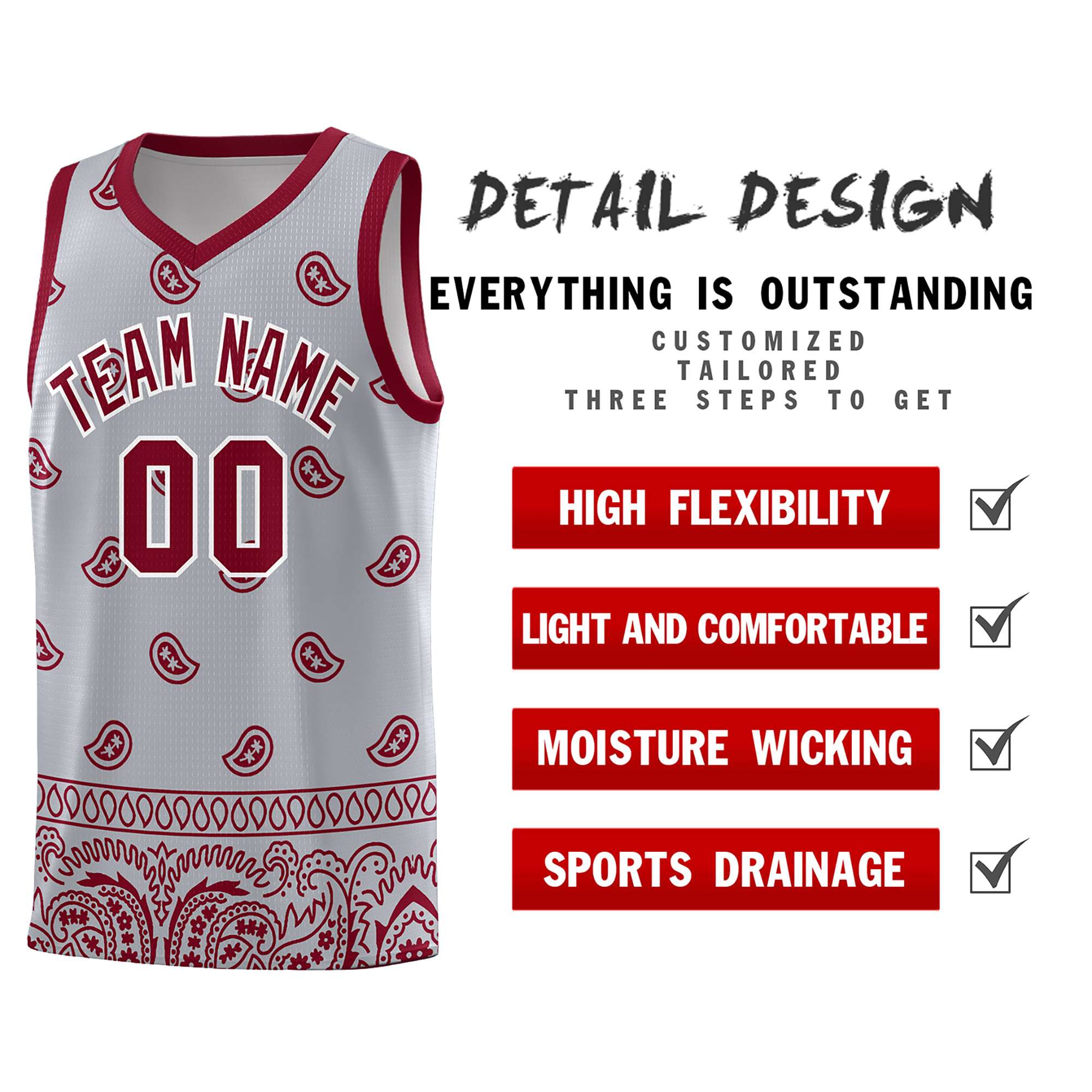 Custom Gray Crimson Personalized Cashew Pattern Sports Uniform Basketball Jersey