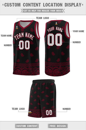 Custom Black Crimson Personalized Cashew Pattern Sports Uniform Basketball Jersey